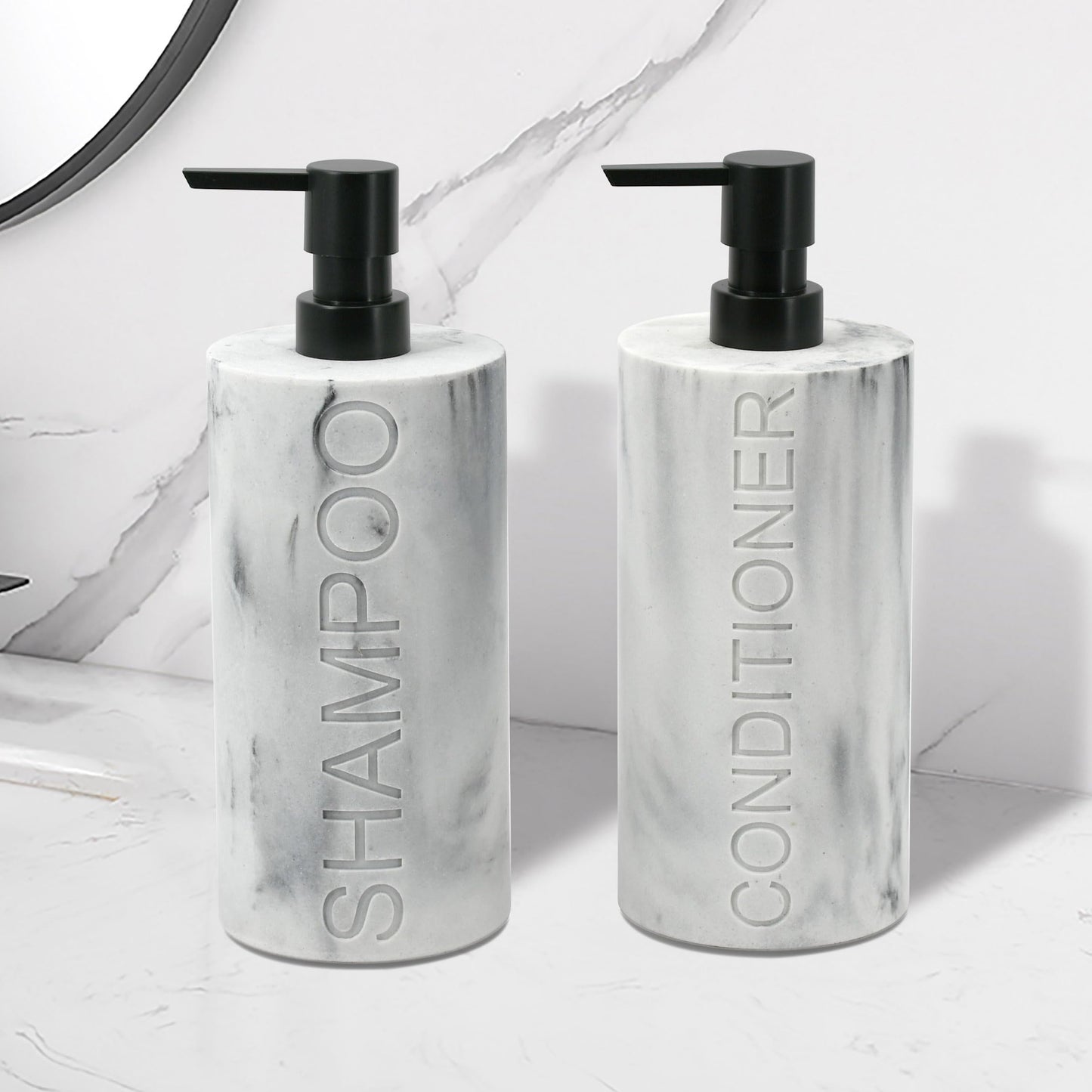 Indecor Home Marble Resin 2 Piece Shampoo and Conditioner Dispenser Set, Luxurious Refillable Pump Bottles with Matte Pump Top and Embossed Text, Durable Design for Bathroom and Shower