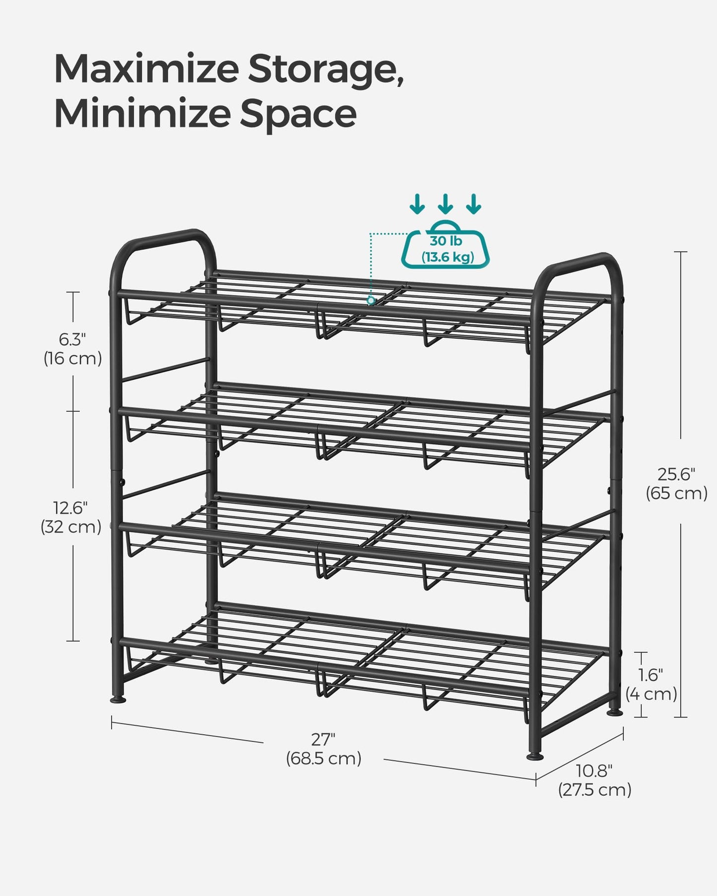 SONGMICS Stackable Shoe Rack, 4-Tier Shoe Storage Organizer, Hold up to 16 Pairs, Black ULMR067B01