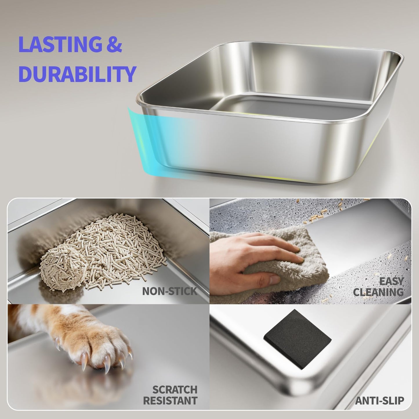 Fusblom 2 Pack Stainless Steel Cat Litter Box with Scoops, Non-Stick Easy Clean Metal Litter Box with Lid, Anti-Leakage Semi-Enclosed for Kittens/Multi-Cats, Medium-Dark Grey & Light Grey