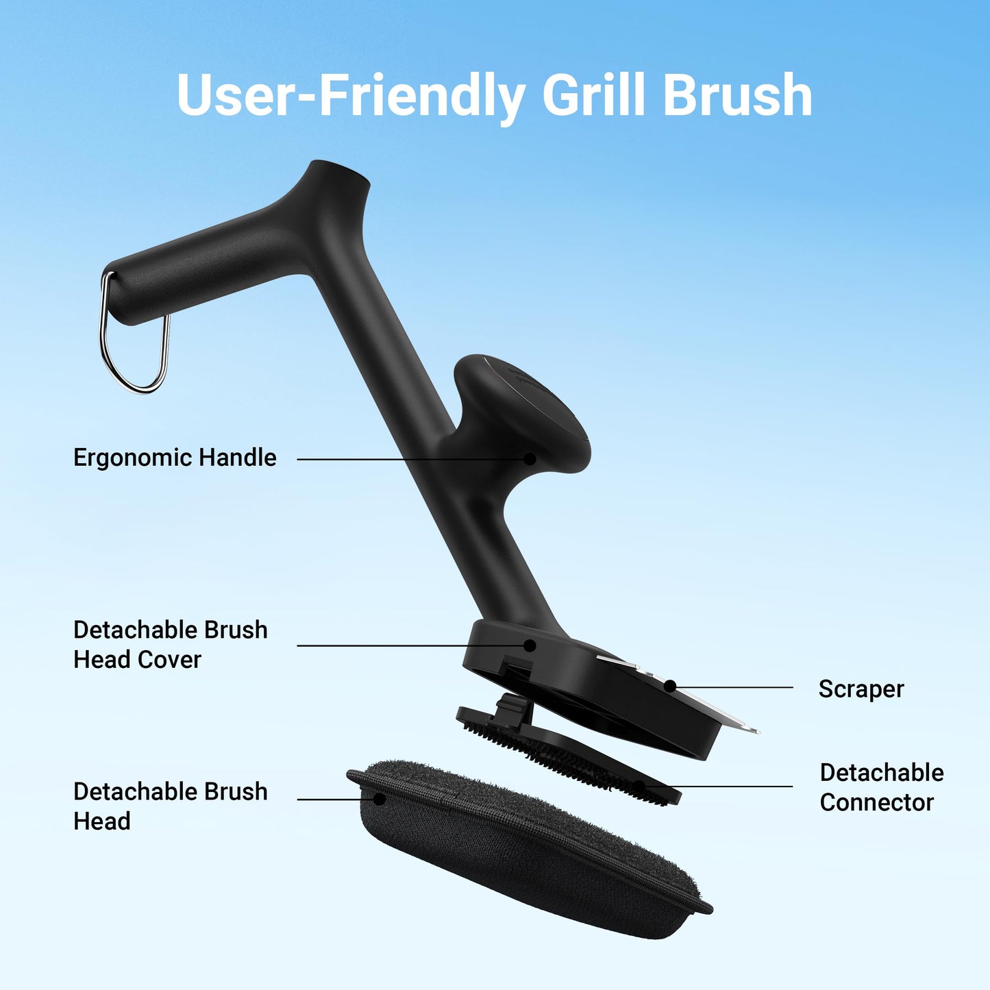 ThermoMaven Bristle Free Grill Brush with 3 Replaceable Heads - Safe Steam Grill Cleaning Tool with Scraper for Charcoal, George Foreman, Weber, Gas and Outdoor Grills, Black