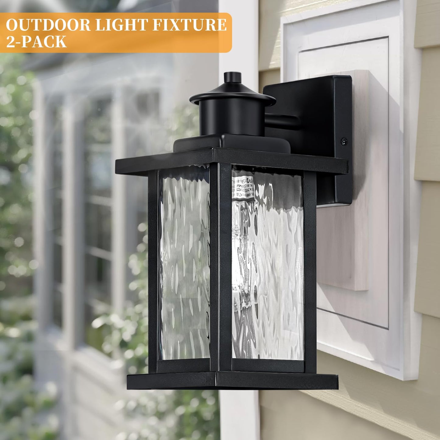 11.65'' Outdoor Light Fixture 2 Pack, Outdoor Wall Lights Exterior Wall Sconce with Water Ripple Glass, Waterproof Porch Light Lantern Wall Mounted, Modern Black Outside Lights for House Patio Garage
