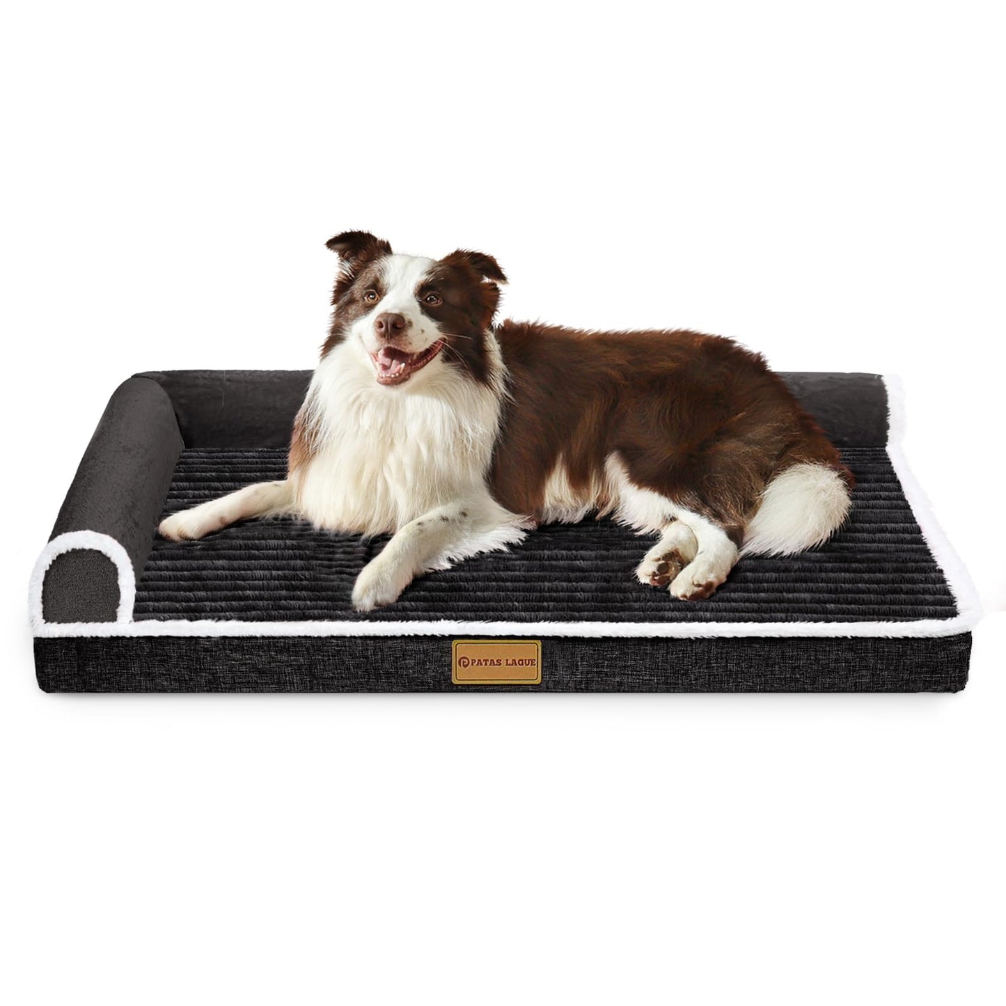 Patas Lague Orthopedic Dog Bed Large Sized Dog 91x61cm, Waterproof Comfortable L Bolster Medium Non-Slip Soft Warm Pet Crate Bed Sleep Sofa mat with Removable Washable Cover, Black