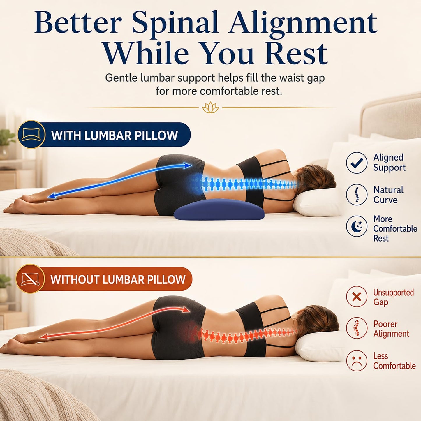 Lumbar Support Pillow for Bed – Memory Foam Lower Back Pain Relief Pillow for Sleeping, Ergonomic Lumbar Pillow for Side & Back Sleepers, Sciatica & Hip Pain Relief, Washable Cooling Cover Chair Pads