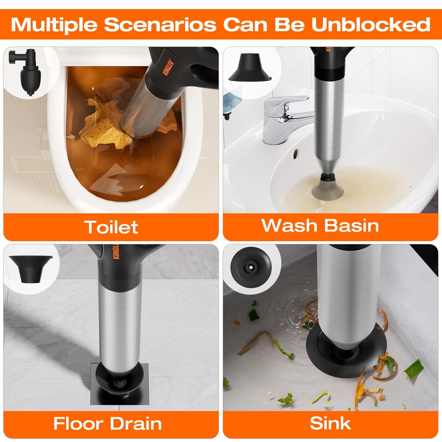 Air Drain Blaster Plunger, High Pressure Plumbing Tool for Toilets, Sinks, Bathrooms, Kitchen Drains, Stainless Steel