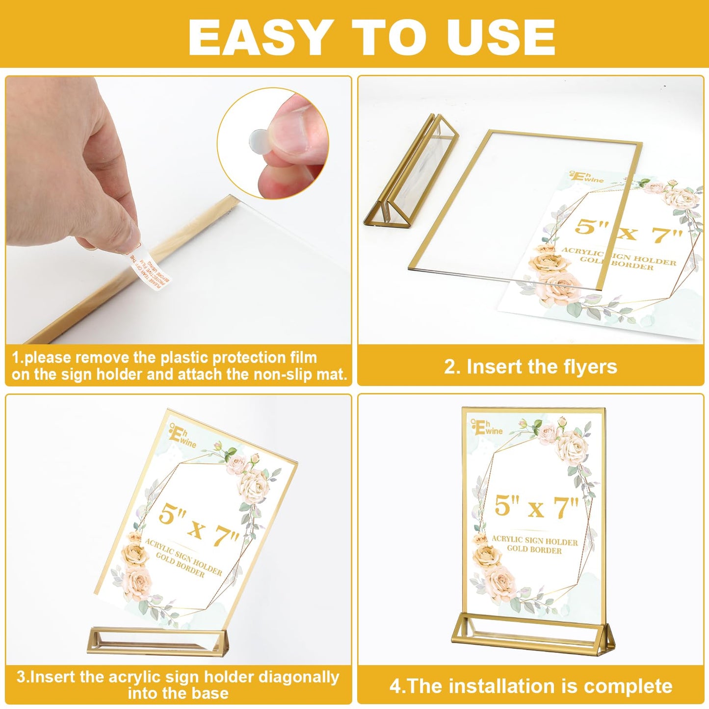 EHWINE 12 Pack Acrylic Sign Holder 5 x 7, Double Sided Gold Picture Frame Stand up Table Top Sign Holders, Clear Display Stand Menu Flyer Holder for Wedding Party (Provide Non-slip Mats)