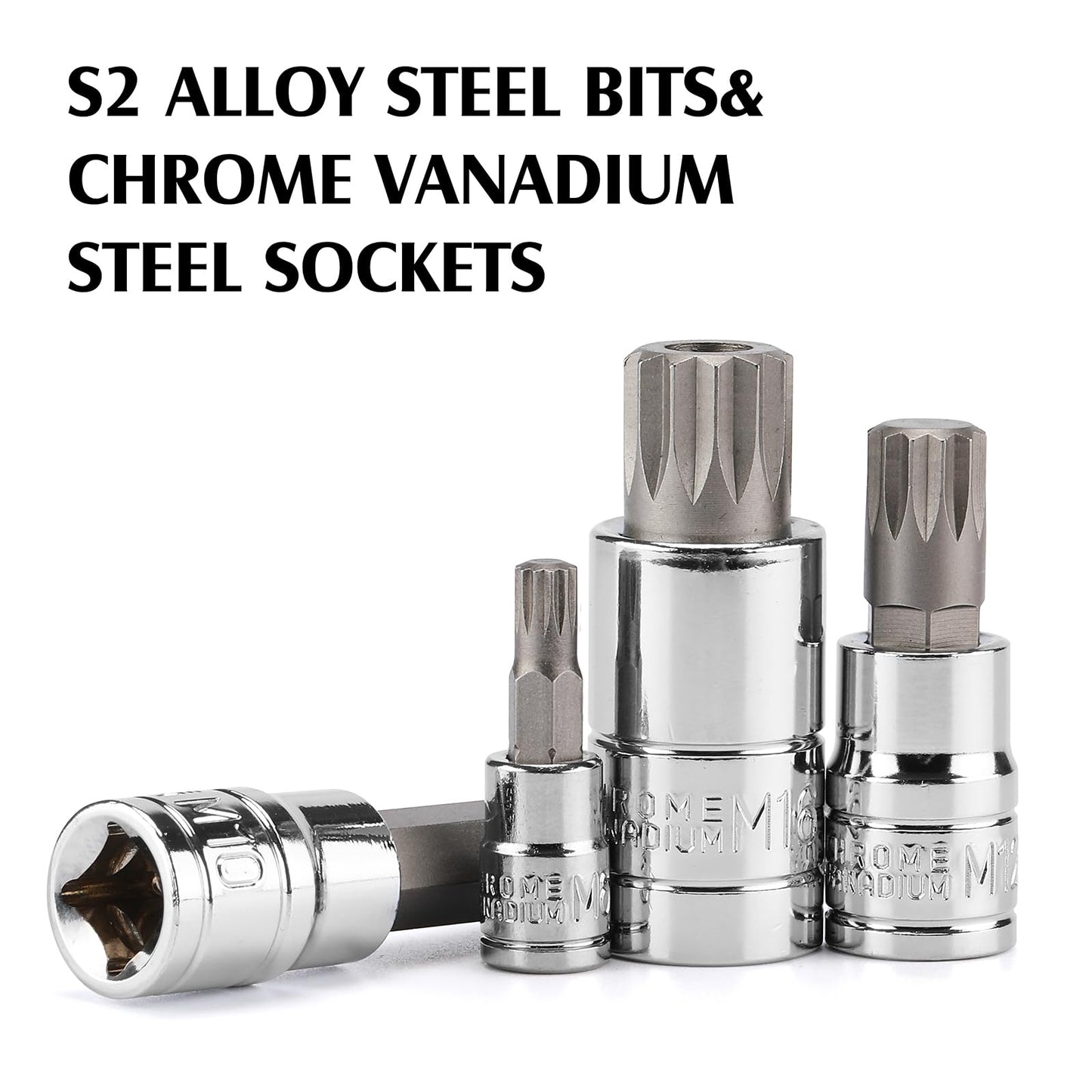 MIXPOWER 20PCS 1/4", 3/8", 1/2" Drive Spline Tip Bit Socket Set, M4-M18, 4" Length, Standad&Extra Long, XZN Triple Square Socket Set