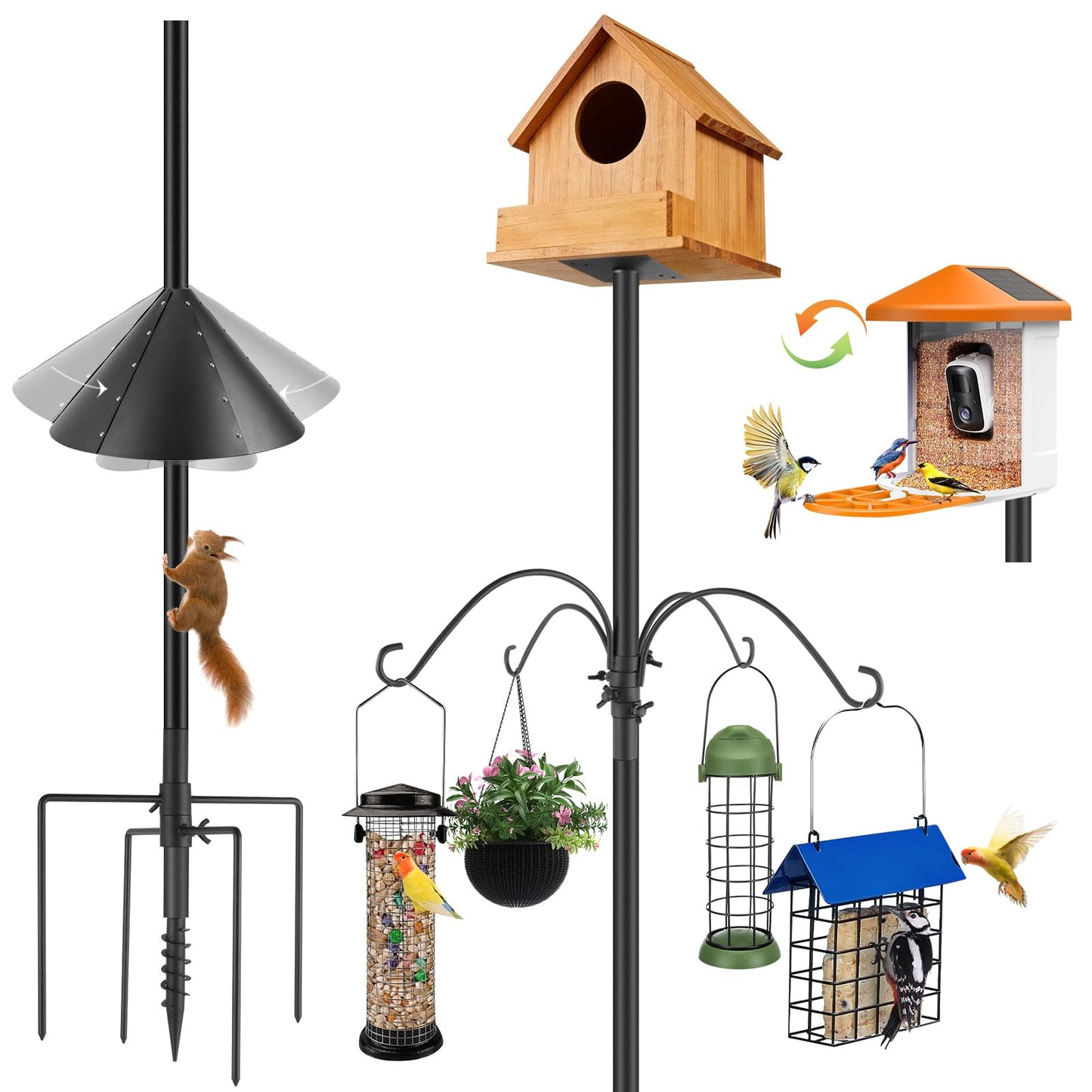 92 Inch Smart Bird Feeders Pole for Outdoor, Heavy Duty Bird House Pole Mount Kit Bird Feeding Station Kit with Squirrel Guard Baffle 4 Hanging Shepherds Hooks for Attracting Wild Birds