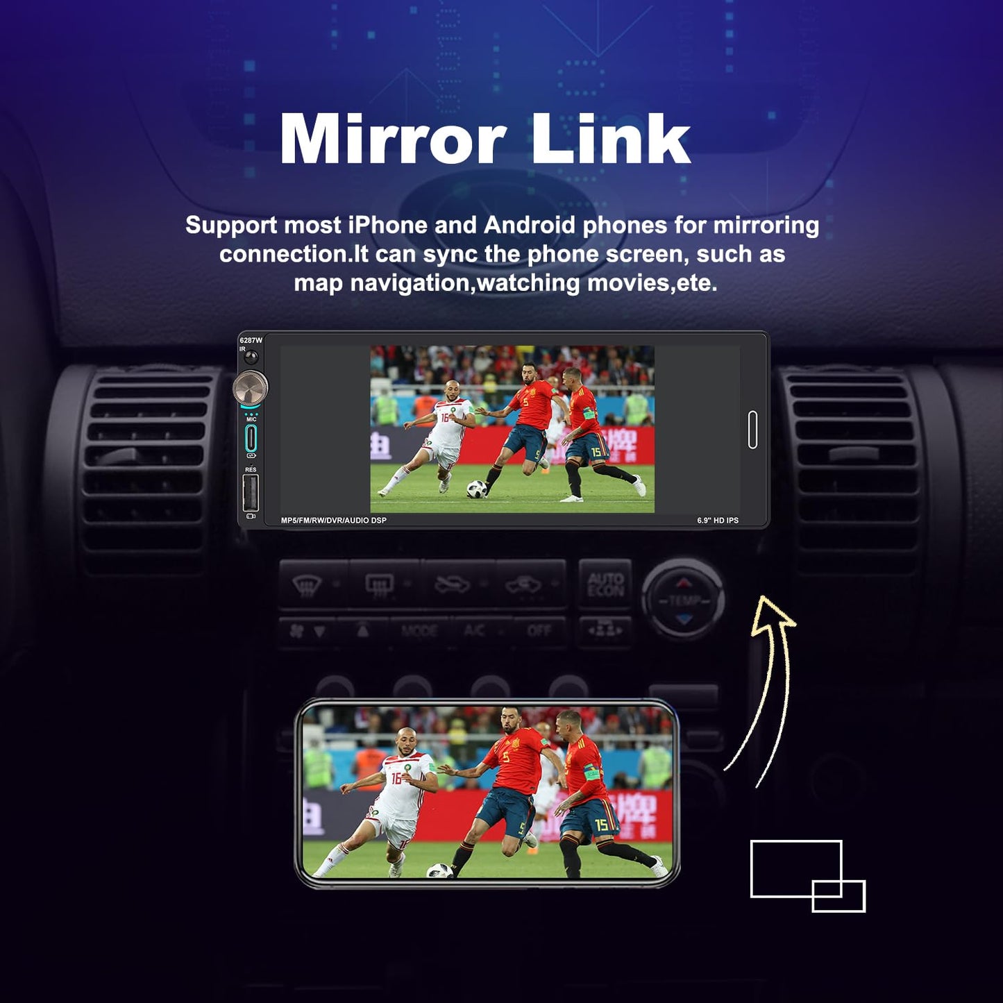 Alondy Single Din Car Stereo Touchscreen (6.9") Compatible with Apple CarPlay [Wireless] Android Auto Car Radio Bluetooth Type-C USB (2.1A Fast Charge) Backup Camera