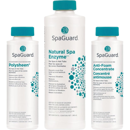 3 Pack | (1) Natural Spa Enzyme 946ml | (1) Polysheen 473ml | (1) Anti-Foam 473ml | Spa & Hot Tub | Spa Guard | Can Use with Hot Tub Chemicals & Accessories | with Free Balance Guide