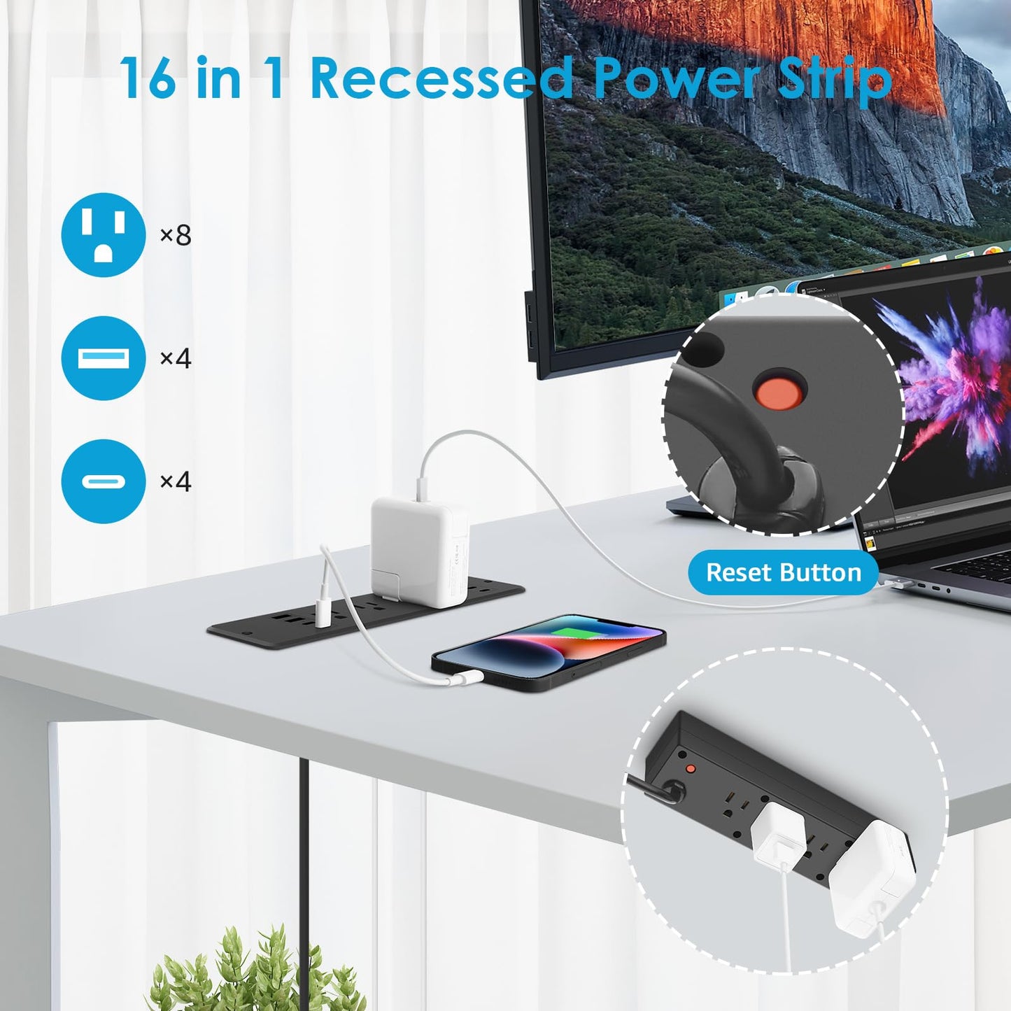 8 Outlet Recessed Power Strip, 30W Fast Charging Furniture Power Outlet USB C, 4 USB-A and 4 USB-C, 6ft Power Cord.