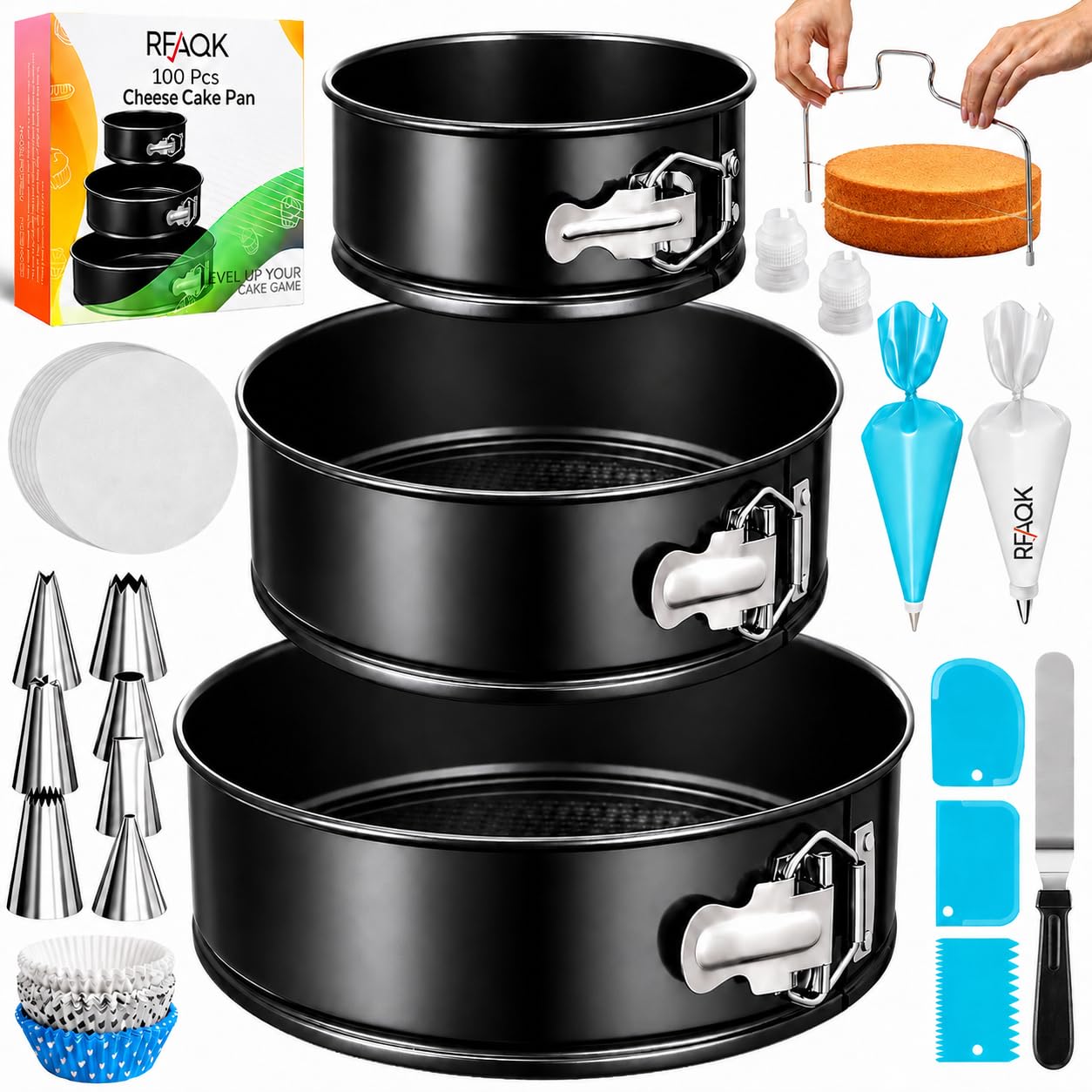 Cake Pans with Baking Supplies | 100 Pcs Springform Pan Set Includes 3 Round Non-Stick Moule a Gateau (4,7,9 inches Baking Pan)-Icing Tips-Leveler–Leak Proof Cheesecake Pan-Baking Set & EBook By RFAQK