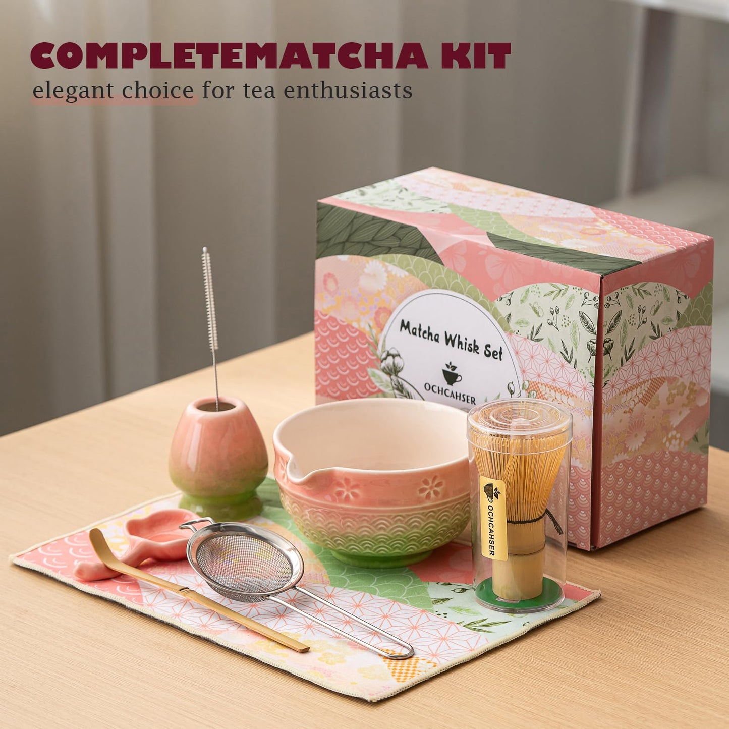 Matcha Tea Set, 8 Pcs Japanese Matcha Kit with Cherry Blossom and Wave Design Ceramic Bowl, Bamboo Whisk, Whisk Holder, Scoop, Sifter, Brush, Matcha Whisk Set for Matcha Lovers (Pink-Green)