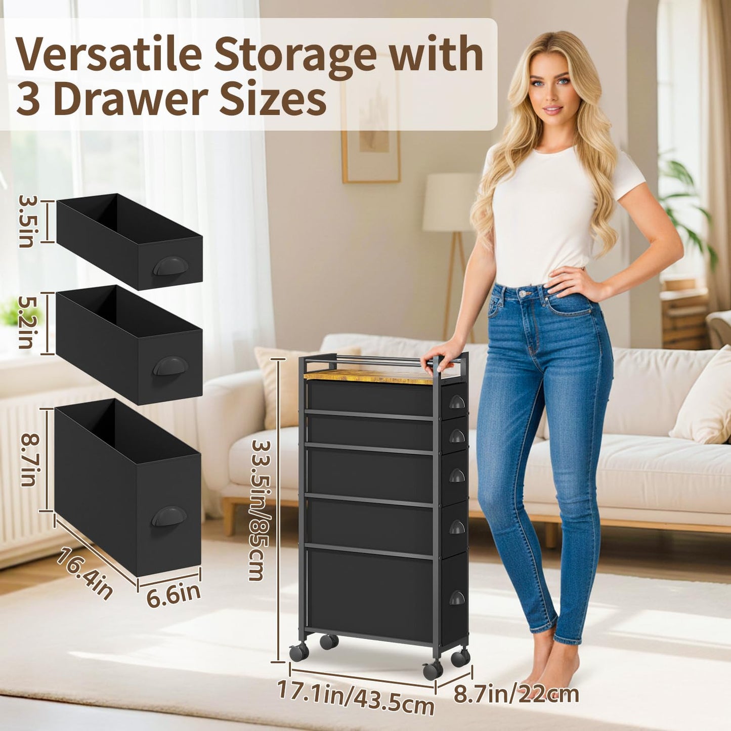 LASZOLA 5 Drawer Narrow Dresser Slim Cabinet Skinny Storage Tower Chest, Ideal for Small Spaces Bathroom, Between Washer and Dryer, Lightweight Mobile on Wheels,Fabric Drawers, Black