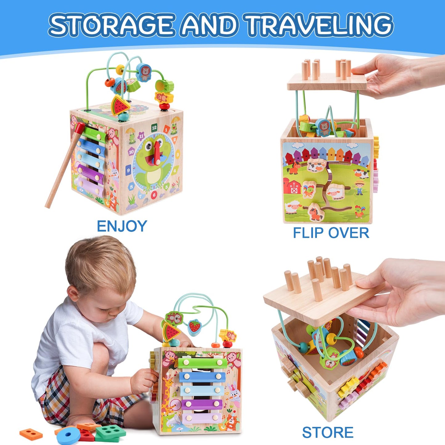 Wooden Activity Cube | Montessori Toys for 12+ Months Toddlers | One Year Old 1st First Birthday Gift | Educational Learning Toys for Baby Boys Girls Age 1 2 3 | Bonus Sorting & Stacking Game (Pink)