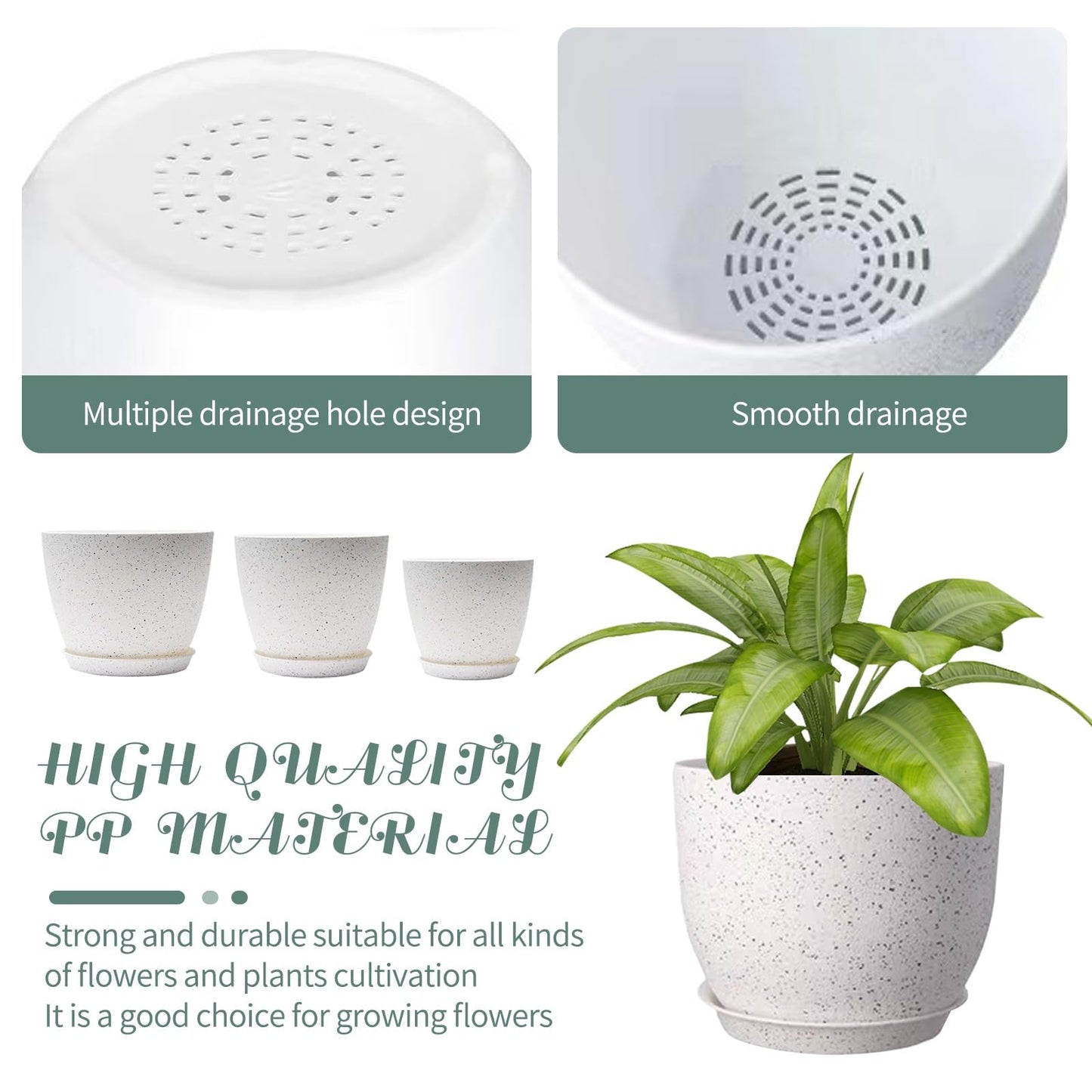 10/9/8 inch Plant Pots, 3 Pack Plastic Flower Pots Modern Flower Pots with Drainage Holes and Trays are for Indoor and Outdoor Plants, Herbs and Flowers,White Speckles (White)