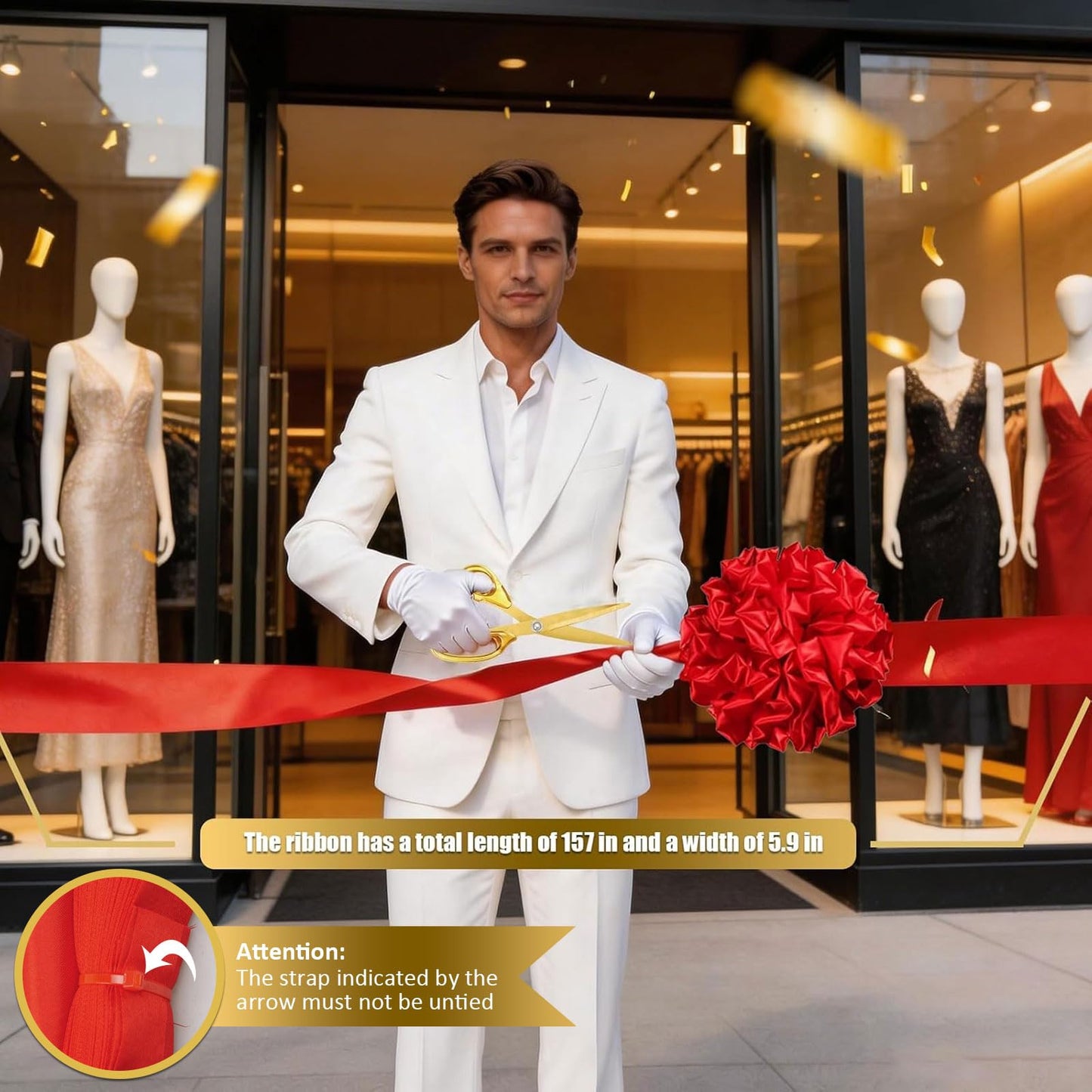Ribbon Cutting Ceremony Kit with Large Gold Scissors, 157" Red Ribbon, 12" Decorative Bow, and White Gloves for Grand Openings and Business Events (10.2")