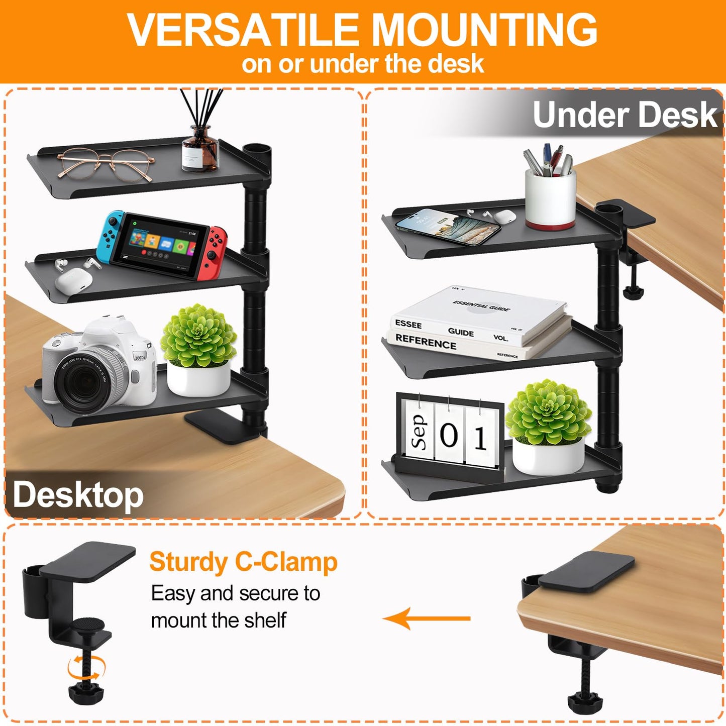 FBOAZI 3 Tier Clamp On Desk Shelf，Adjustable Above or Under Desktop Organizer ，360° Rotatable Carbon Steel Storage Tray for Home Office and Gaming Accessories（Black）