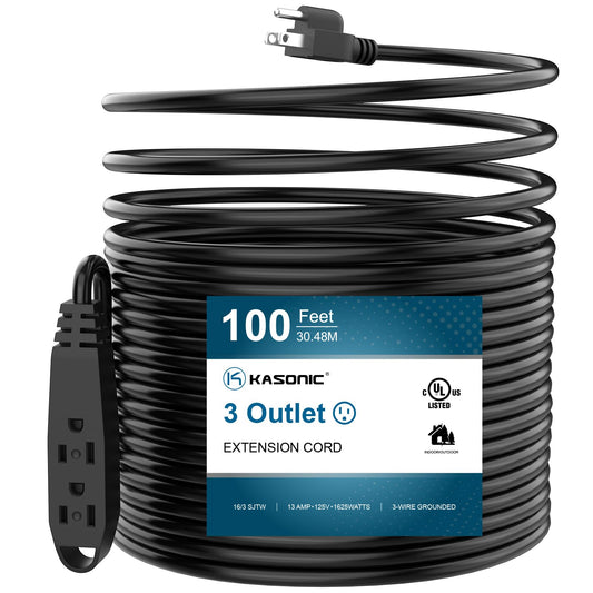 100-Feet 3 Outlet Extension Cord, Kasonic UL Listed, 16/3 SJTW 3-Wire Grounded, 10 Amp 125 V 1625 Watts, Multi-Outlet Indoor/Outdoor Use, Black