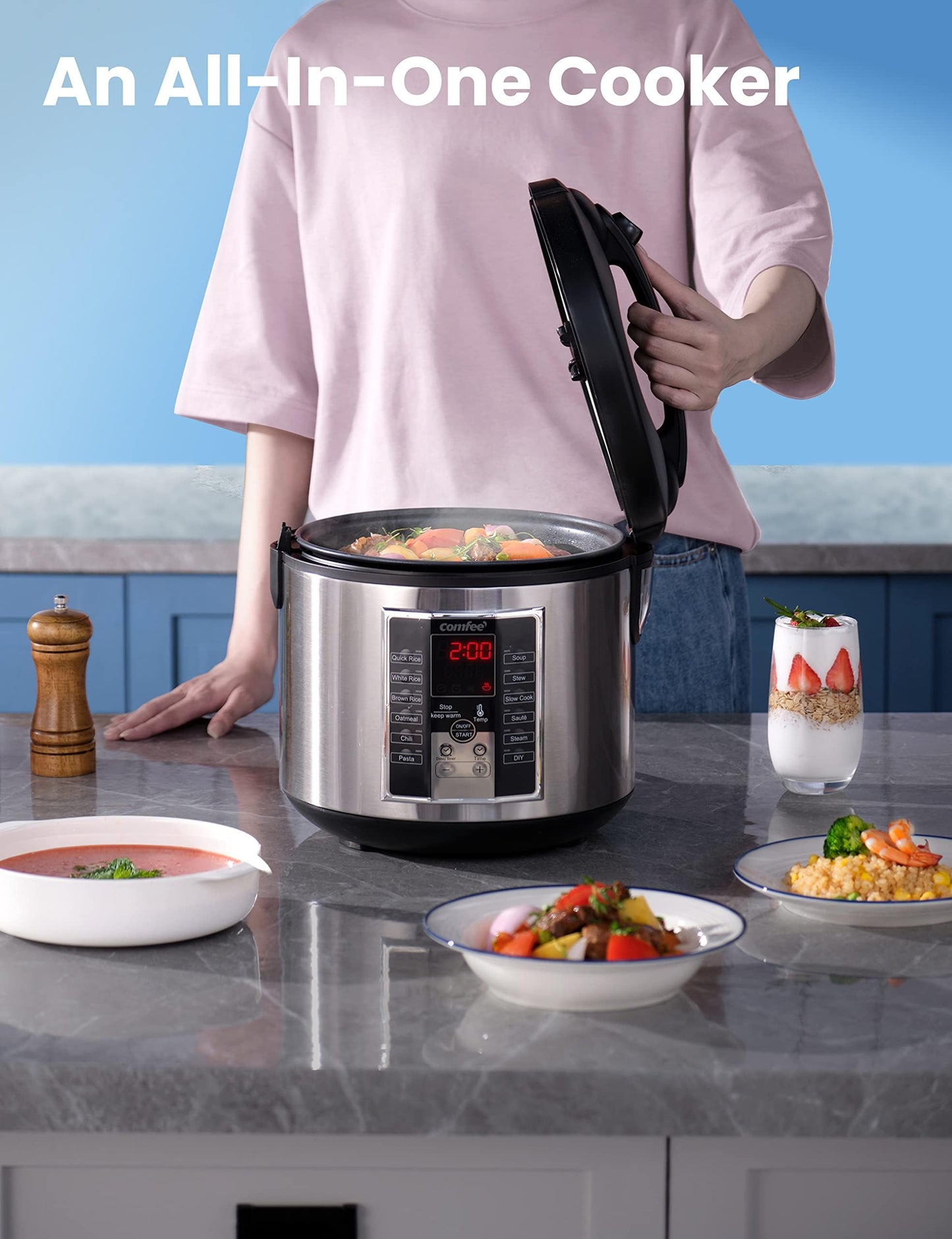 COMFEE' Rice Cooker 10 cup uncooked, Food Steamer, Stewpot, Saute All in One (12 Digital Cooking Programs) Multi Cooker Large Capacity 5.2Qt, 24 Hours Preset