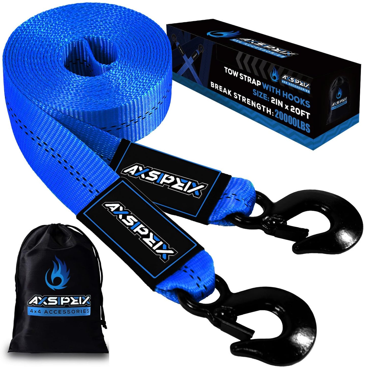 AXSIPEIX Nylon Tow Strap with Hooks Heavy Duty, 2”x20’(20,000lbs) Recovery Rope Car Tow Strap for UTV, ATV, Truck(Blue)