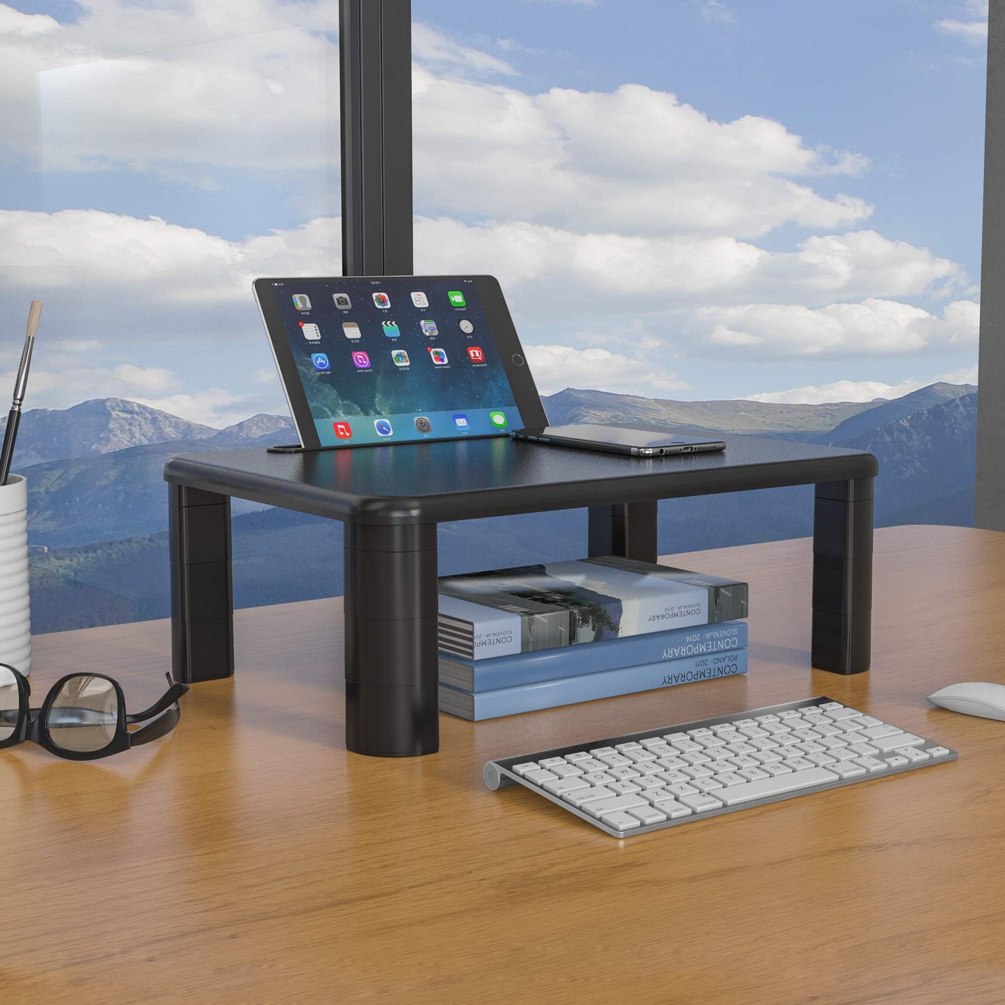 SHOPPINGALL Monitor Stand Riser with 4 Adjustable Height for Computer, iMac, Printer, Laptop, Desk with Tablet & Phone Holder and Cable Management Slot – SA-MR01X2