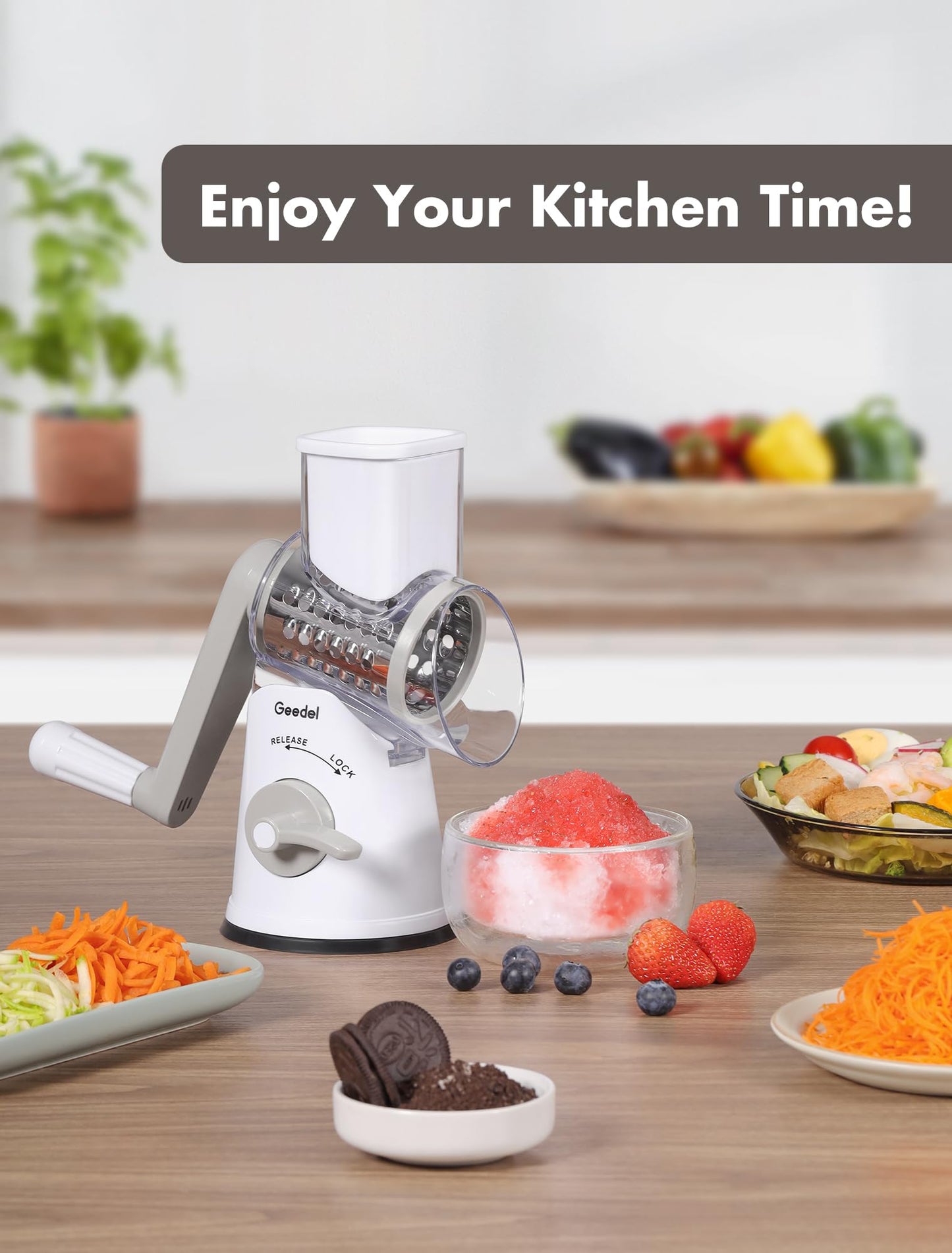 Geedel Rotary Cheese Grater, Mandoline Vegetable Slicer with 5 Interchangeable Blades, Easy to Use Rotary Grater Slicer for Fruit, Vegetables, Nuts, White