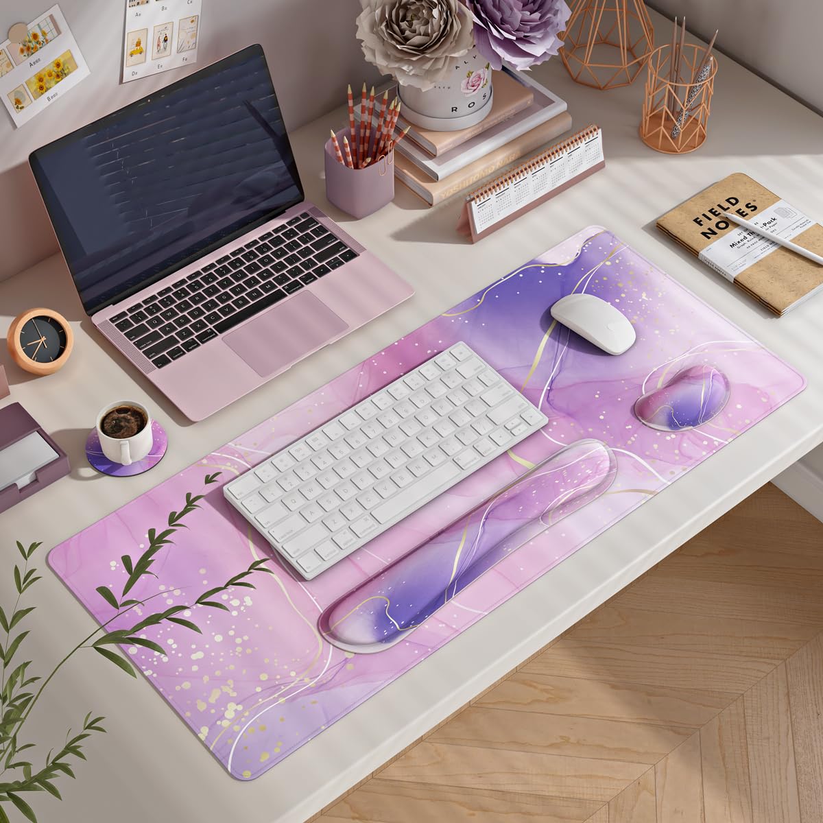4 in 1 Extended Mouse Pad Set with Memory Foam Keyboard Wrist Rest, Mouse Wrist Cushion & Cute Coaster, Ergonomic Large Desk Pad for Home Office & Gaming (Pink & Purple Marble)
