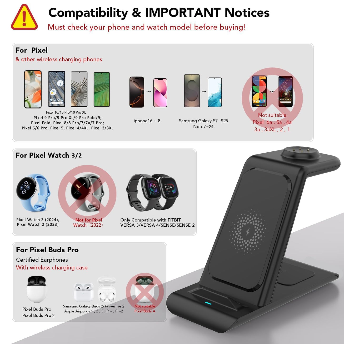 3 in 1 Wireless Charger for Pixel Watch 3/2(Not for Pixel Watch 4/1),Charging Station for Google 10/10 Pro/10 Pro XL/9/9 Pro/8/8 Pro/7/6,Buds Pro 1/2,iPhone16/Galaxy S25 Multiple Devices