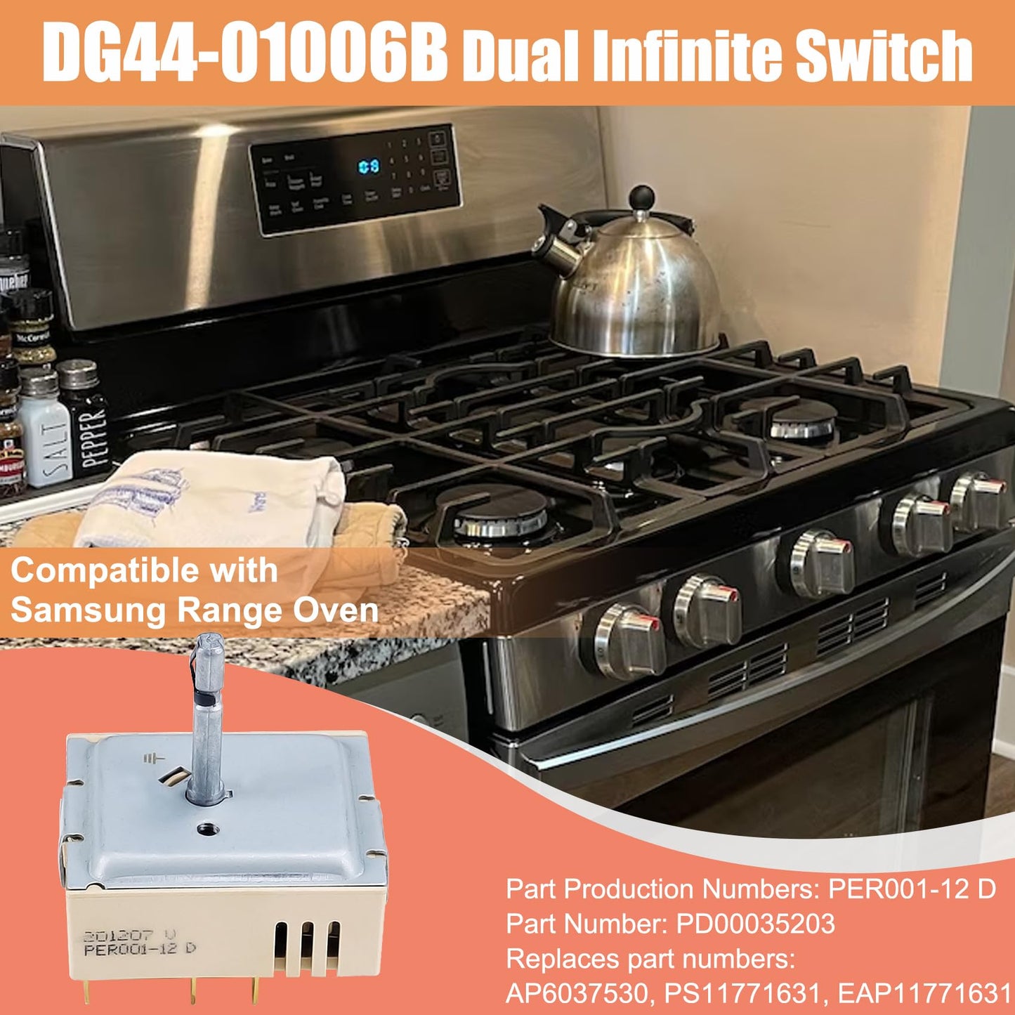 DG44-01006B PER001-12D Dual Infinite Switch Compatible with Samsung Range Surface Element Control, DG44-01006B Dual Infinite Switch Replaces for Samsung PER001-12D, for Stove Replacement Parts