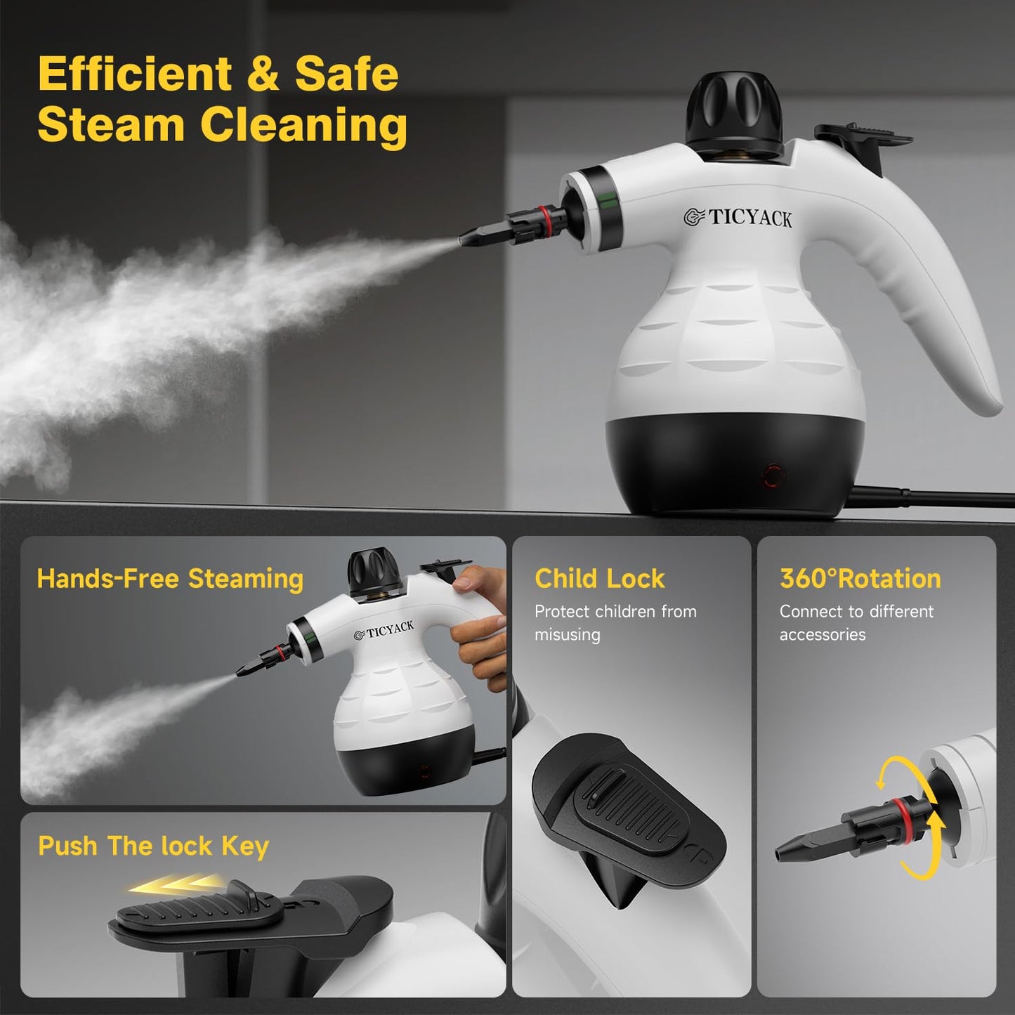 TICYACK Steam Cleaner Handheld, Steam cleaner with 16 Accessories, Hands-Free Auto Steam & Child Lock, Multi-Surface steam Cleaner for home, Kitchen, Car Detailing, Upholstery (White)