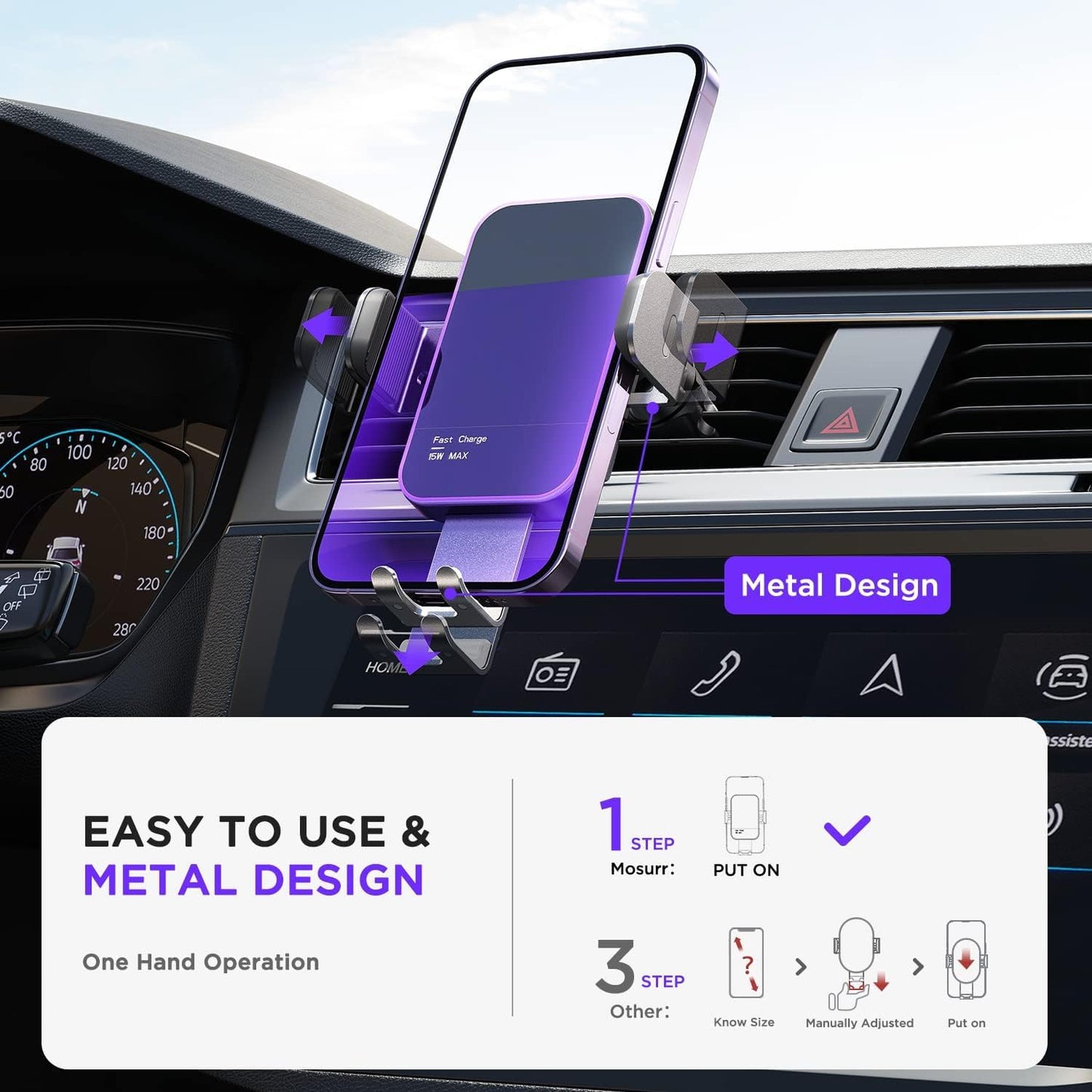 Wireless Car Charger,【7 Colored LED Backlit】 Mosurr 15W Auto Clamping Phone Holder Car Mount Charger for iPhone 16 15 14 13 12 Mini Pro Max 11, Samsung Galaxy S24 Ultra S23 Note 20, etc-Dark Black
