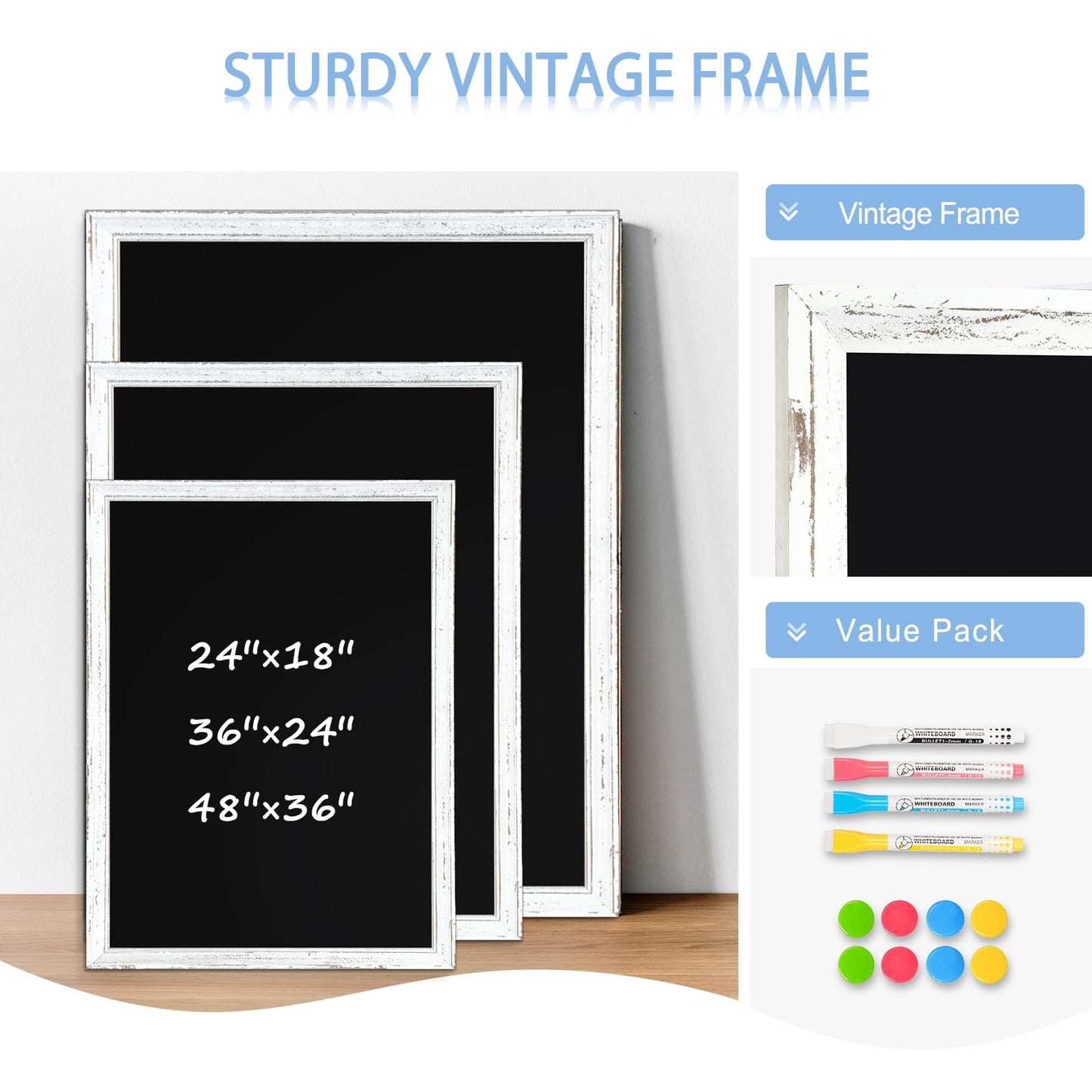 QUEENLINK Chalkboard for Wall, White Framed Chalk Board, 24" x 18" Wall-Mounted Decorative Black Board, Retro Rustic Chalk Writing Board for Restaurant Menu, Kitchen and Dorm Room