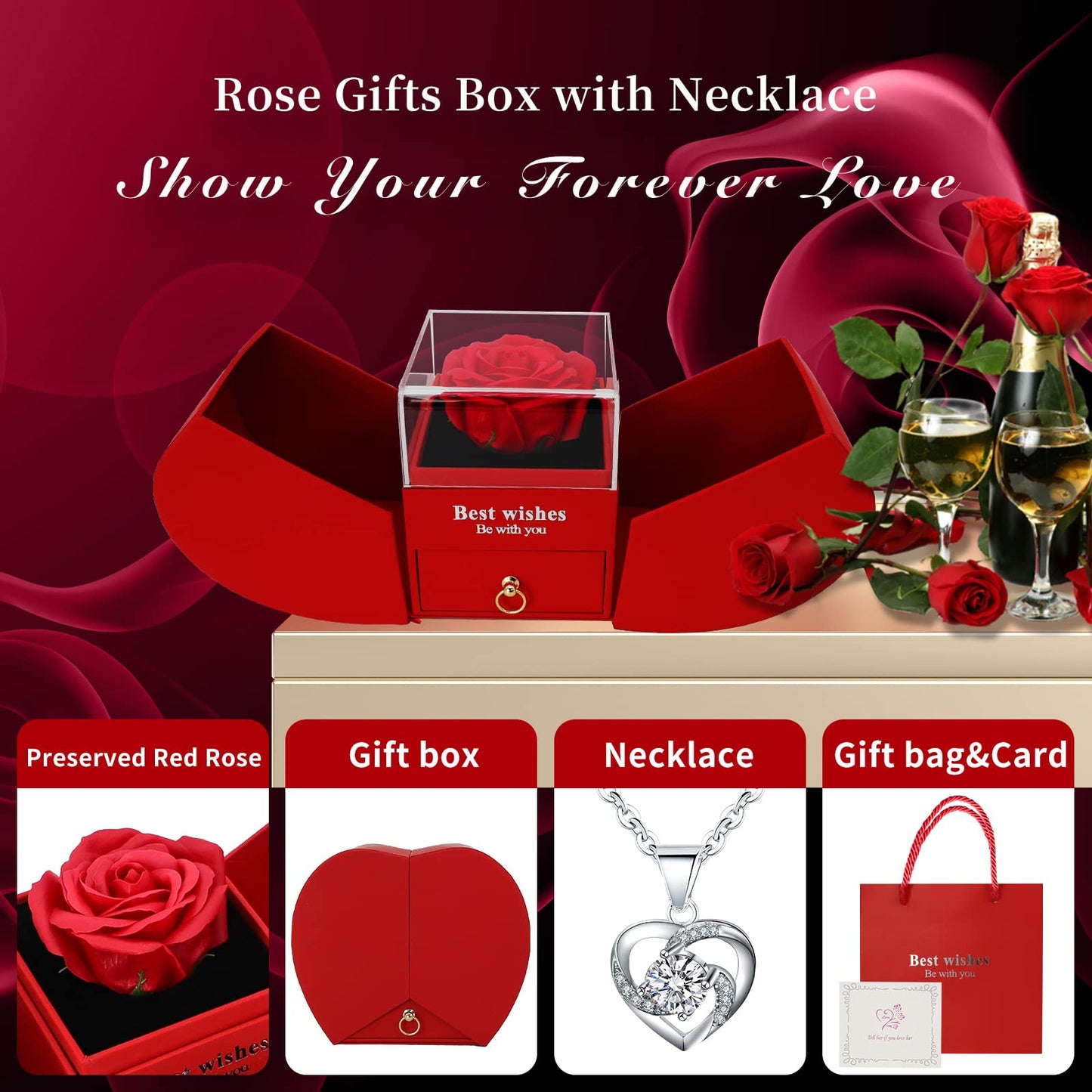 YJYJHOPE Valentines Day Birthday Gift for Women Girlfriend Wife Her, Preserved Rose with I Love You 925 Sterling Silver Necklace, Gifts Ideas for Christmas Anniversary Thanksgiving