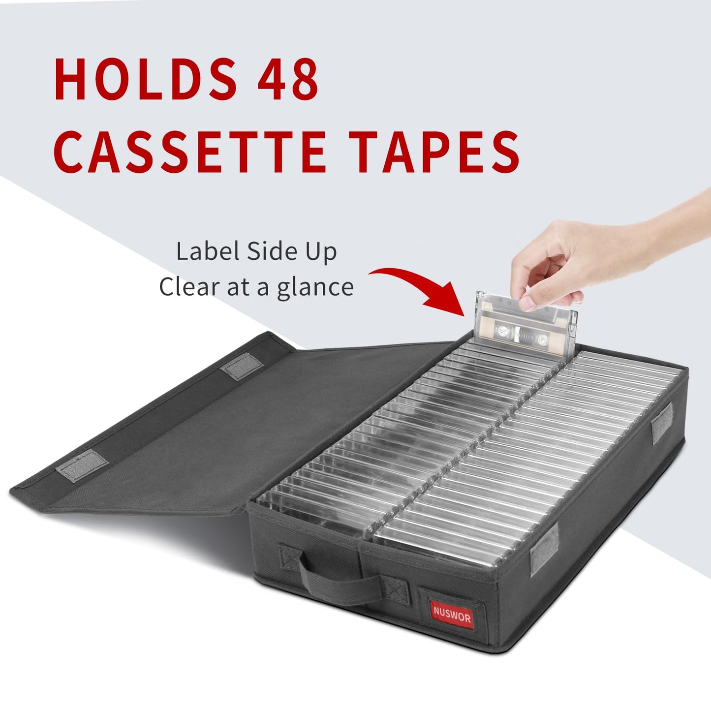 NUSWOR Stackable Tape Storage Boxes - Dust-proof Racks with Lid - Audio Cassette Holder Pack of 4- Holds 192 Cases - 16.34 x 9.25 x 3.4 Inches Grey