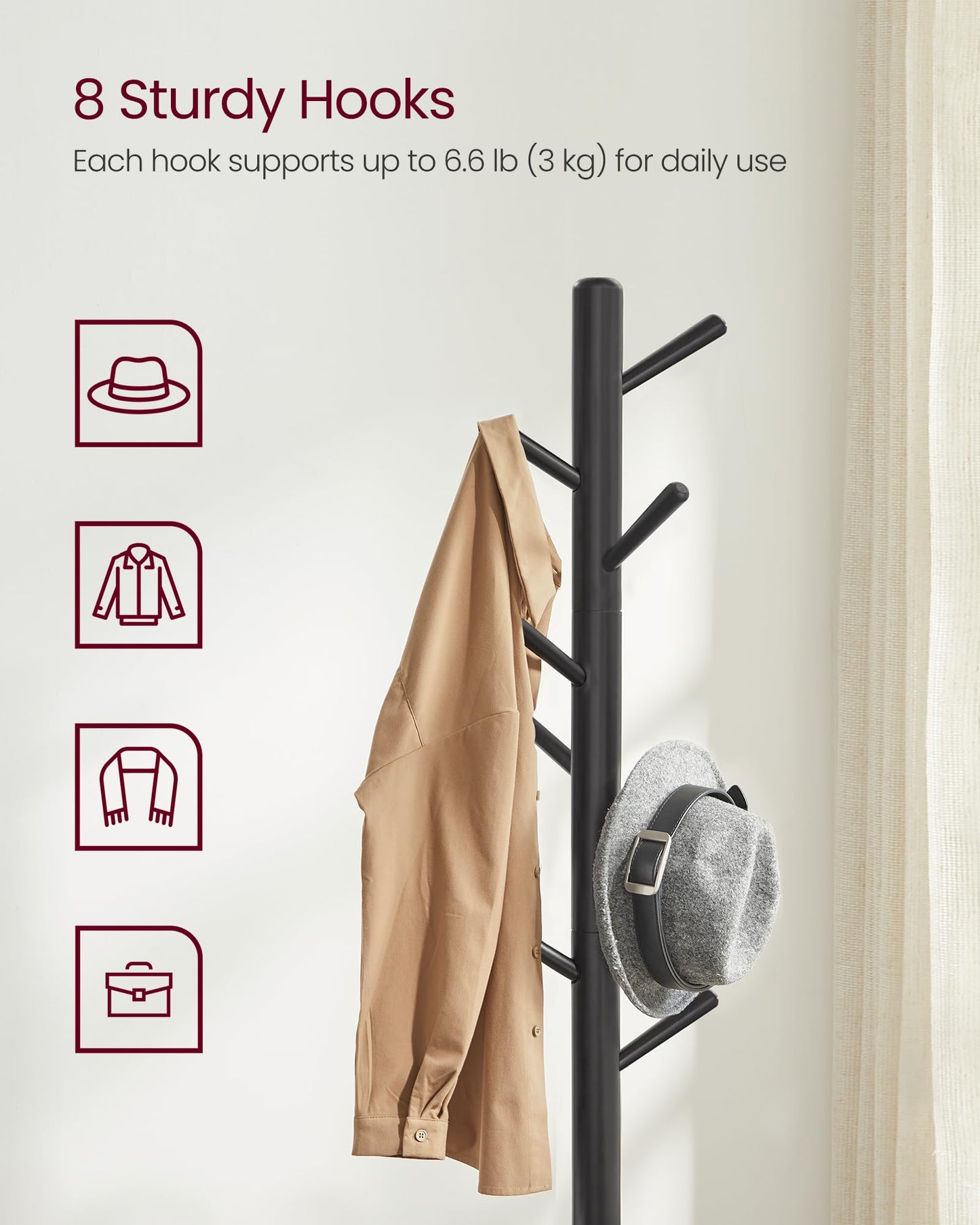 VASAGLE Solid Wood Coat Rack, Free Standing Tree-Shaped Coat Rack with 8 Hooks, 3 Height Options, for Clothes, Hats, Bags, Living Room, Bedroom, Home Office, Black URCR04BK