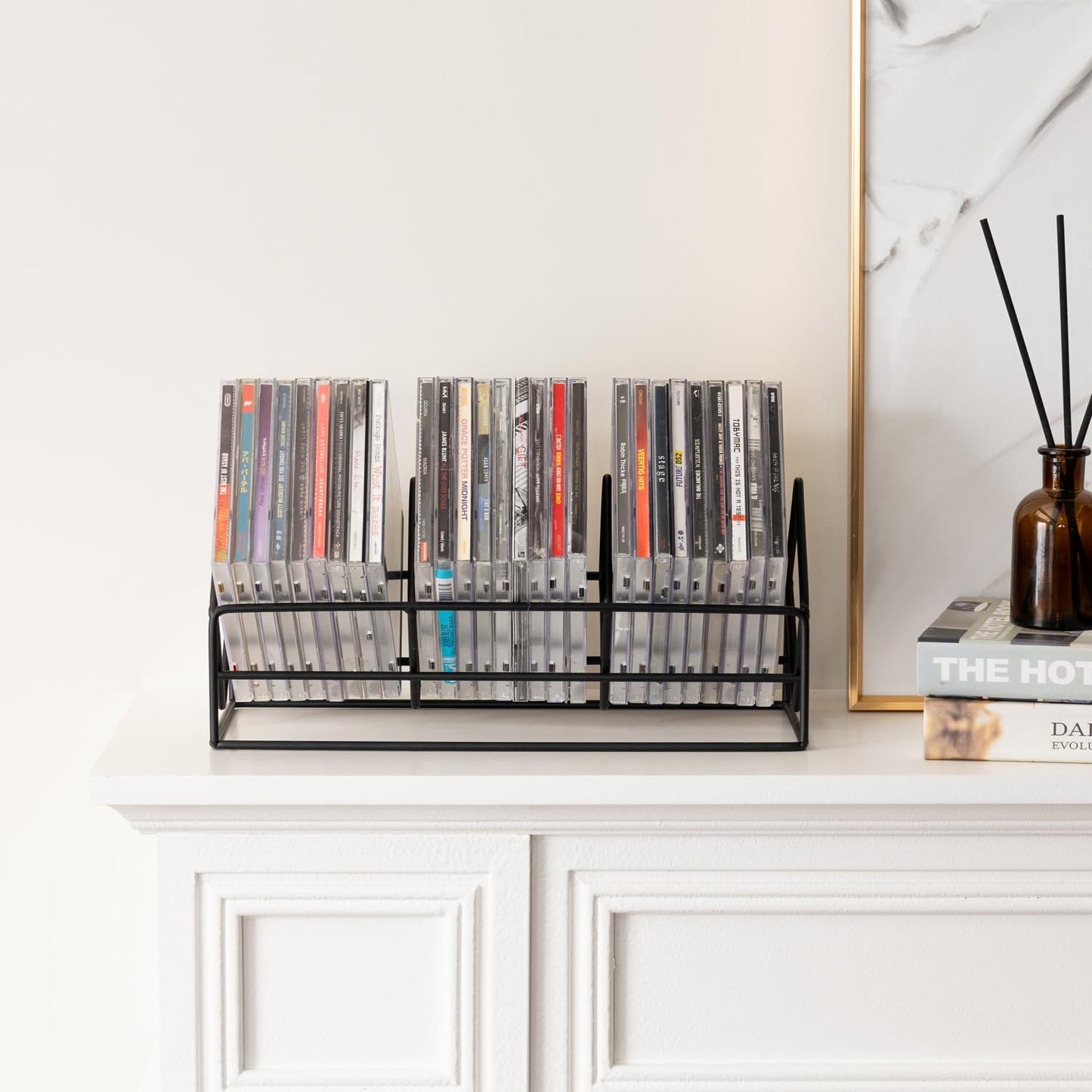 MyGift 3 Slot Modern Matte Black Metal Wire CD Storage Stand, Tabletop Compact Disc Holder Shelf, Video Game DVD Media Organizer Rack, Holds 30 Jewel Cases