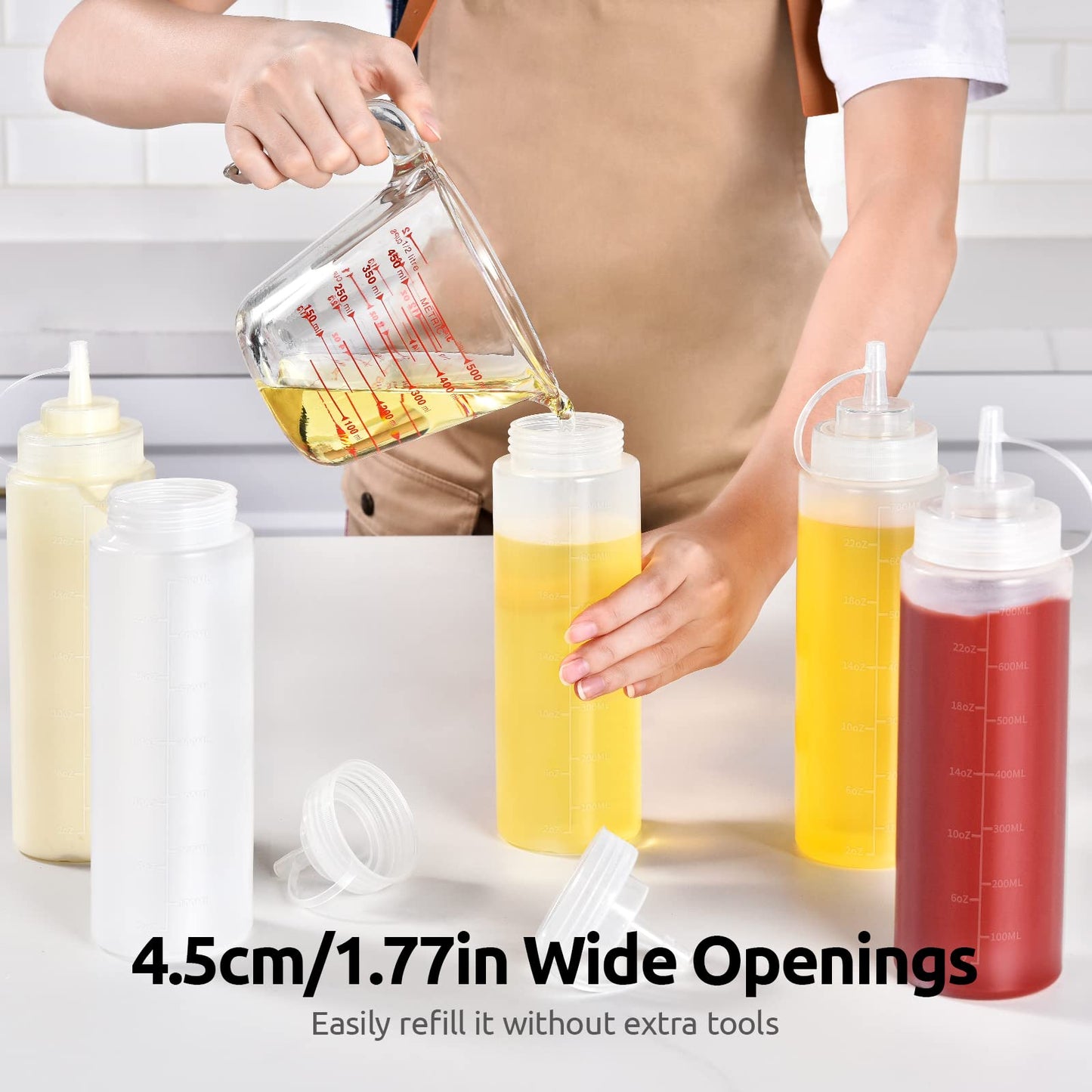 24 OZ Condiment Squeeze Bottles: U-Taste Sauce Bottles with Twist on Caps and Measurement, Leakproof Squirt Reusable Plastic Oil Container Dispenser for Ketchup, BBQ, Salad, Dressing (Pack of 6)