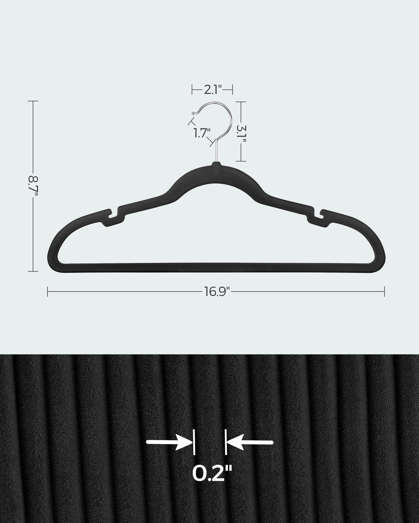 SONGMICS Velvet Hangers, Non-Slip Clothes Hangers with Shoulder Notches, Pants Bar, 360° Swivel Hook, Space-Saving, for Closet, 50 Pack, Ink Black UCRF029B05