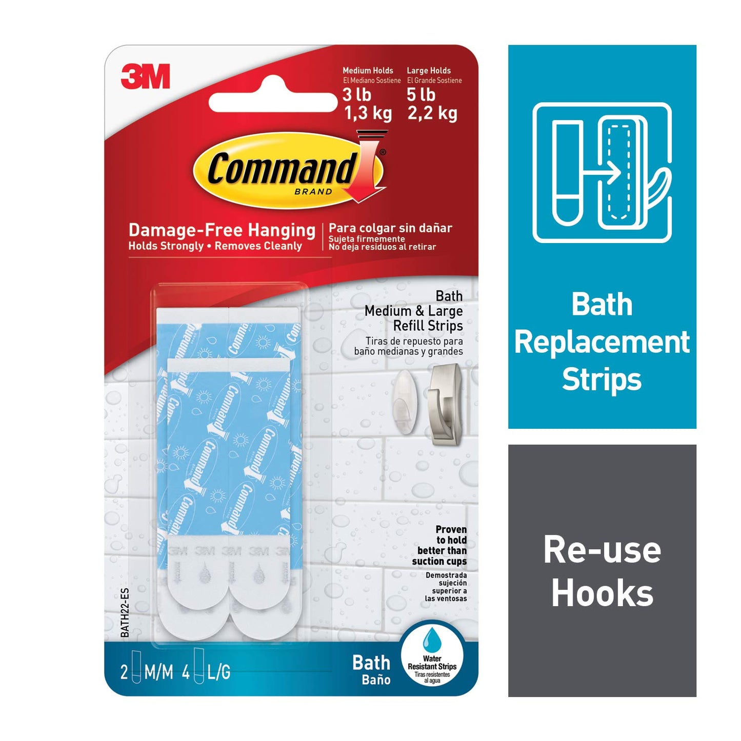 Command Medium & Large Water-Resistant Adhesive Refill Strips, Re-Hang Medium & Large Bath Hooks or Caddies, 6 Packs (12 Medium Strips and 24 Large Strips Total), BATH22-ES