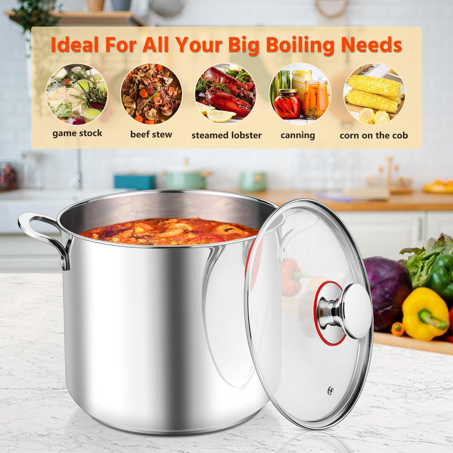 E-far 12-Quart Stock Pot, 18/10 Stainless Steel Stockpot with Lid for Cooking Simmering Soup Stew, Heavy Duty Cookware Works w/Induction, Non-Toxic & Corrosion Resistant, Dishwasher Safe