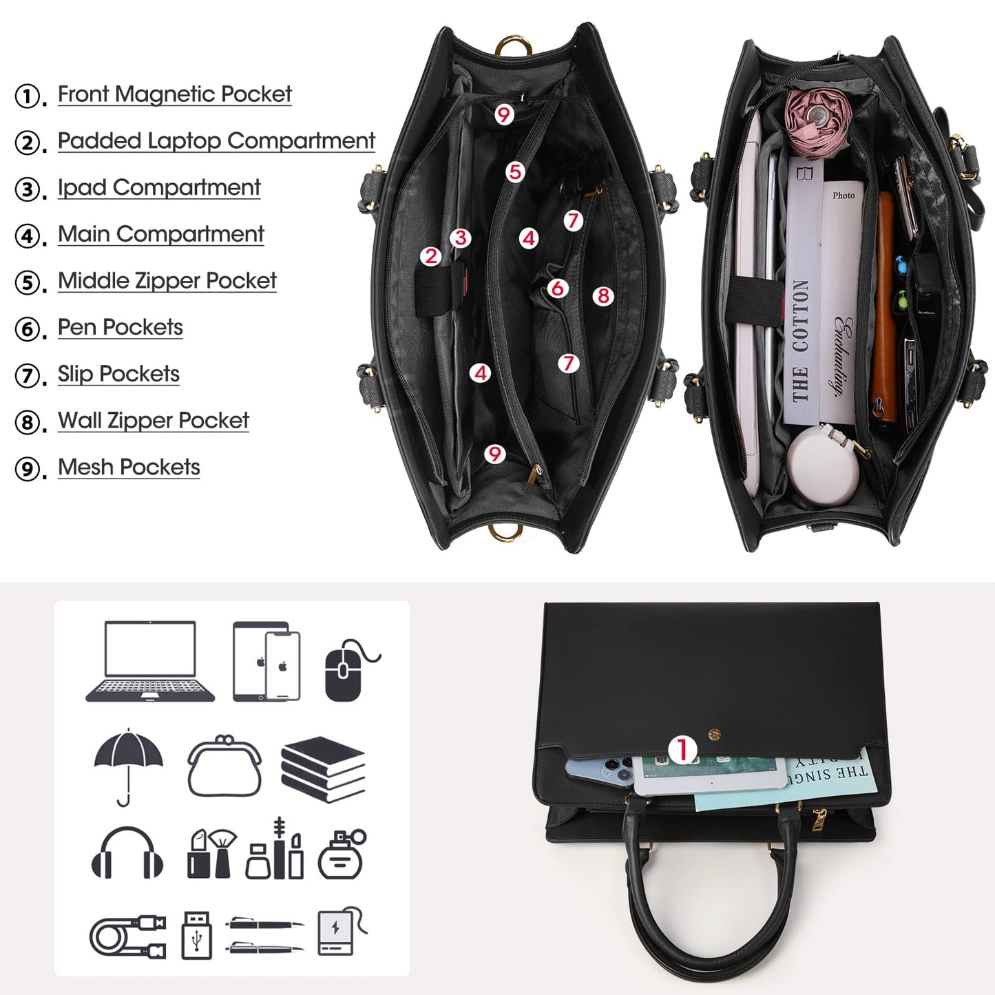 Laptop Bag for Women 15.6 inch Laptop Tote Bag Leather Large Capacity Work Tote Bag Waterproof Business Office Computer Bag Women Travel Handbag Shoulder Bag, Black