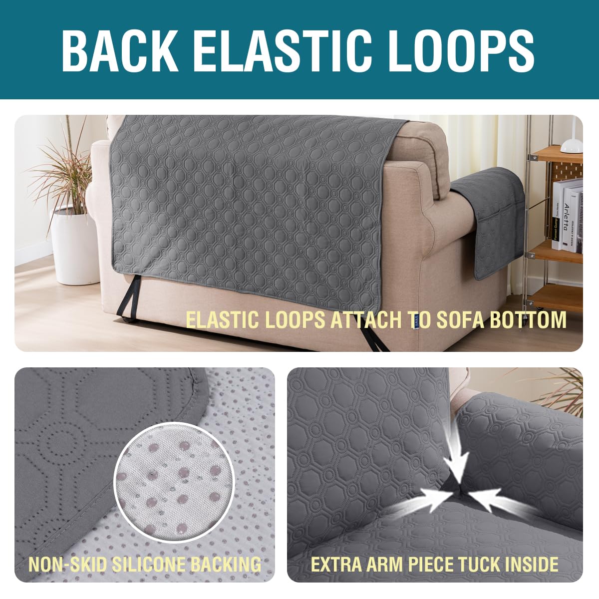 Turquoize 100% Waterproof Sofa Cover 4 Seater Triple Non-Slip Couch Cover Sofa 4 Seater Pet Friendly Sofa Slipcover Furniture Protector for Pets, Dogs, Kids (XL Large 78", Grey)