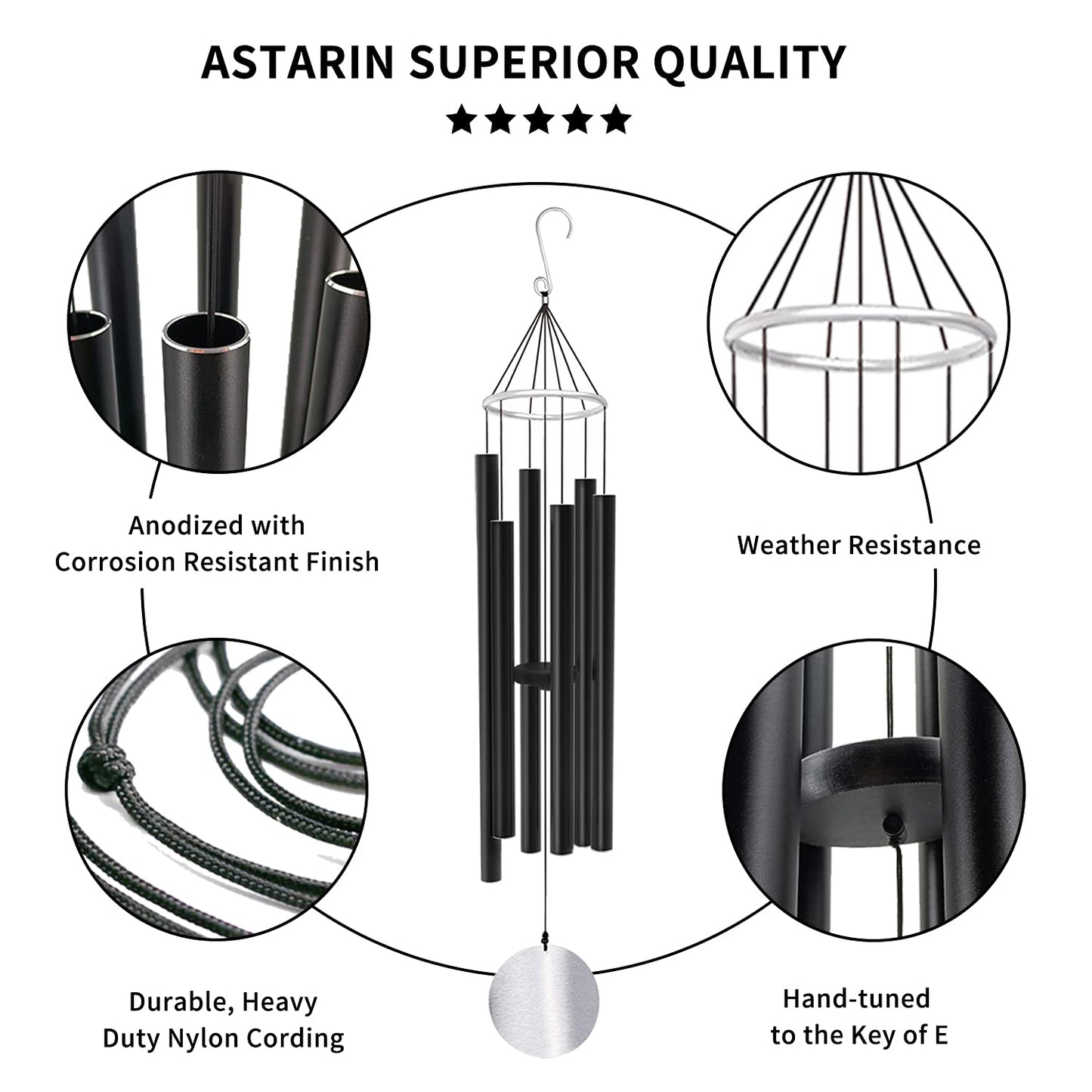 ASTARIN Wind Chimes Outdoor Large Deep Tone,36Inch Large Wind Chimes Tuned Relaxing Soothing Low Bass,Memorial Wind Chimes Sympathy for Mom Dad,Black(A Free Card)
