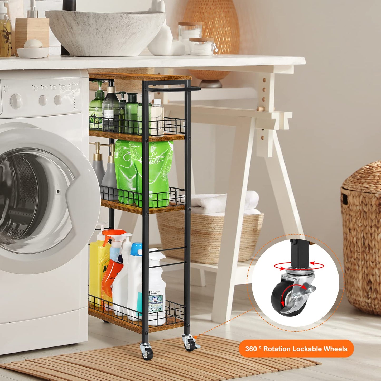 YBING 4 Tier Slim Kitchen Storage Cart with Wheels, Rustic Brown, 31D x 46W x 60H cm