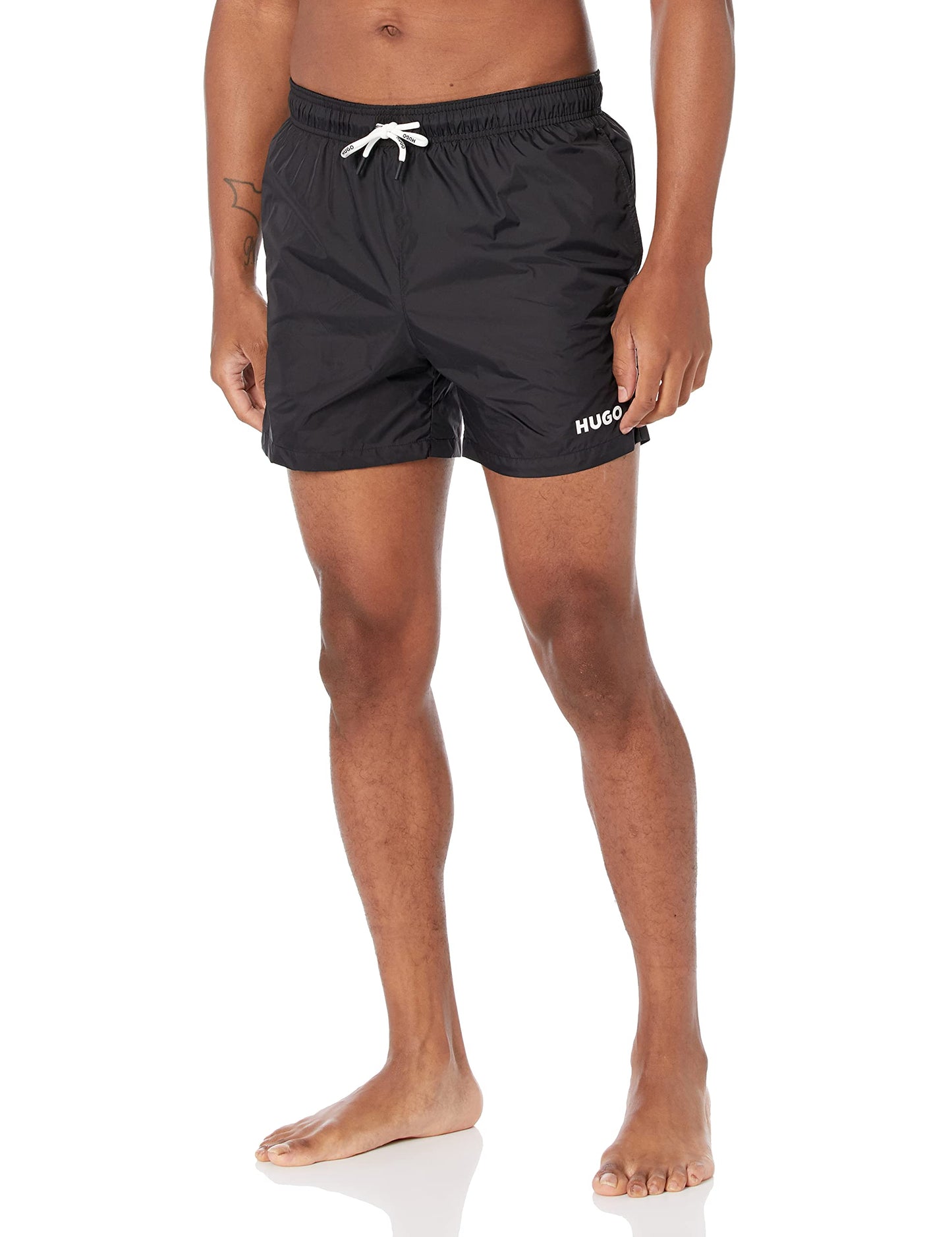 HUGO Men's Standard Small Logo Quick Dry Swim Trunks, Basic Black, Large