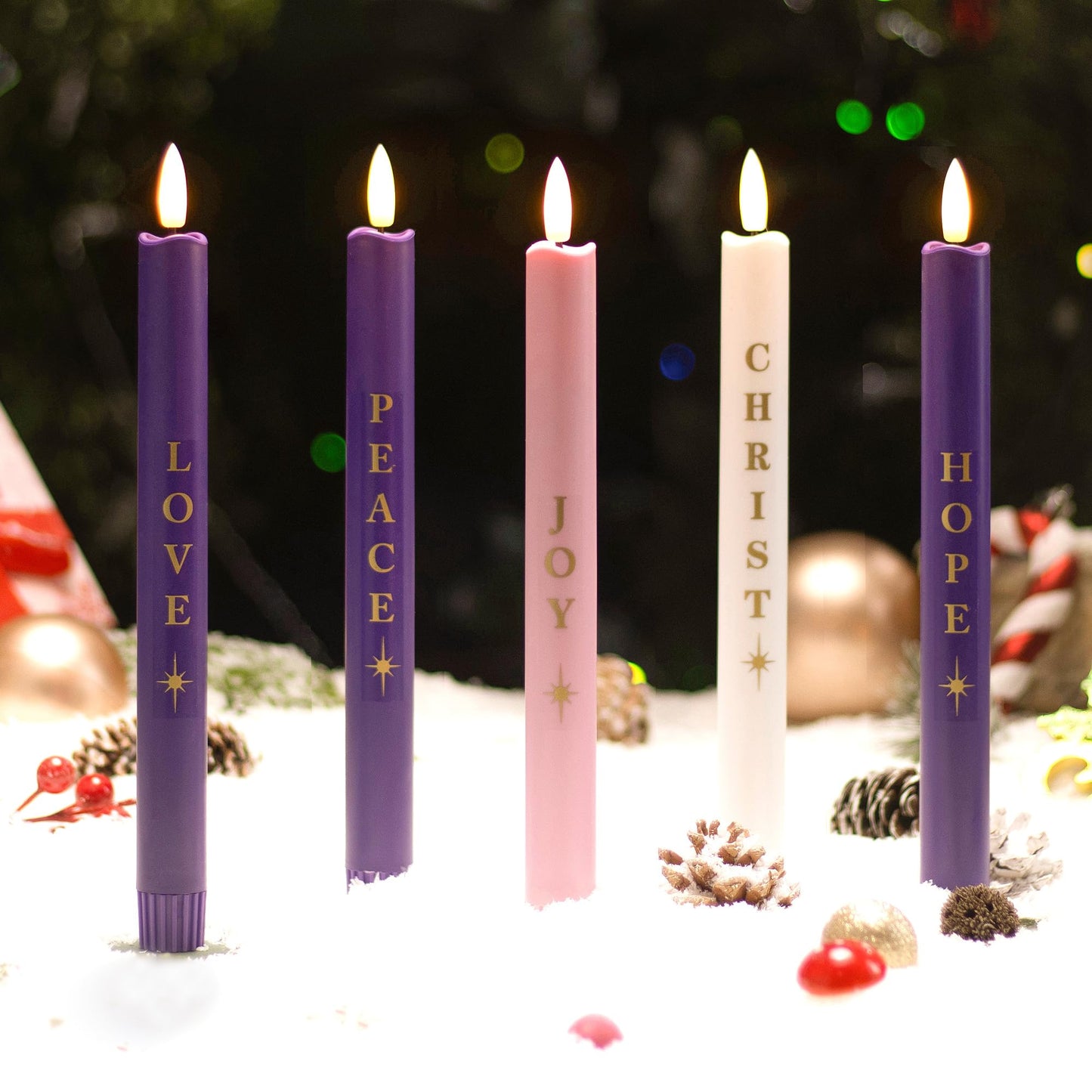 Stmarry Flameless Advent Candles Battery Operated, Advent Candles Set of 5, 10 Inch Tall, Realistic 3D Flames and Remote Control, Electric LED Candle Set for Advent Wreath