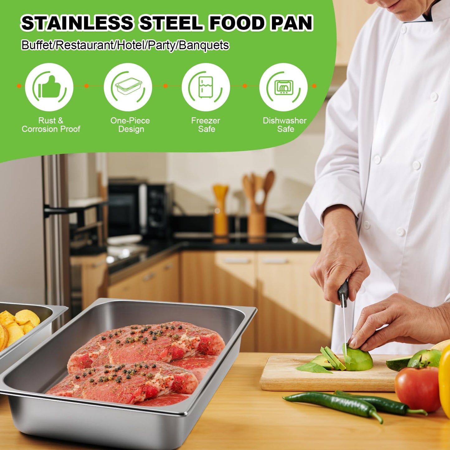 4 Pack Stainless Steel Hotel Pans 1/1 Full Size x 4" Deep Steam Table Pan 0.8 mm Thick with Lid Anti Jam Pan Stainless Steel Steamer Pan for Hotel Restaurant Buffet