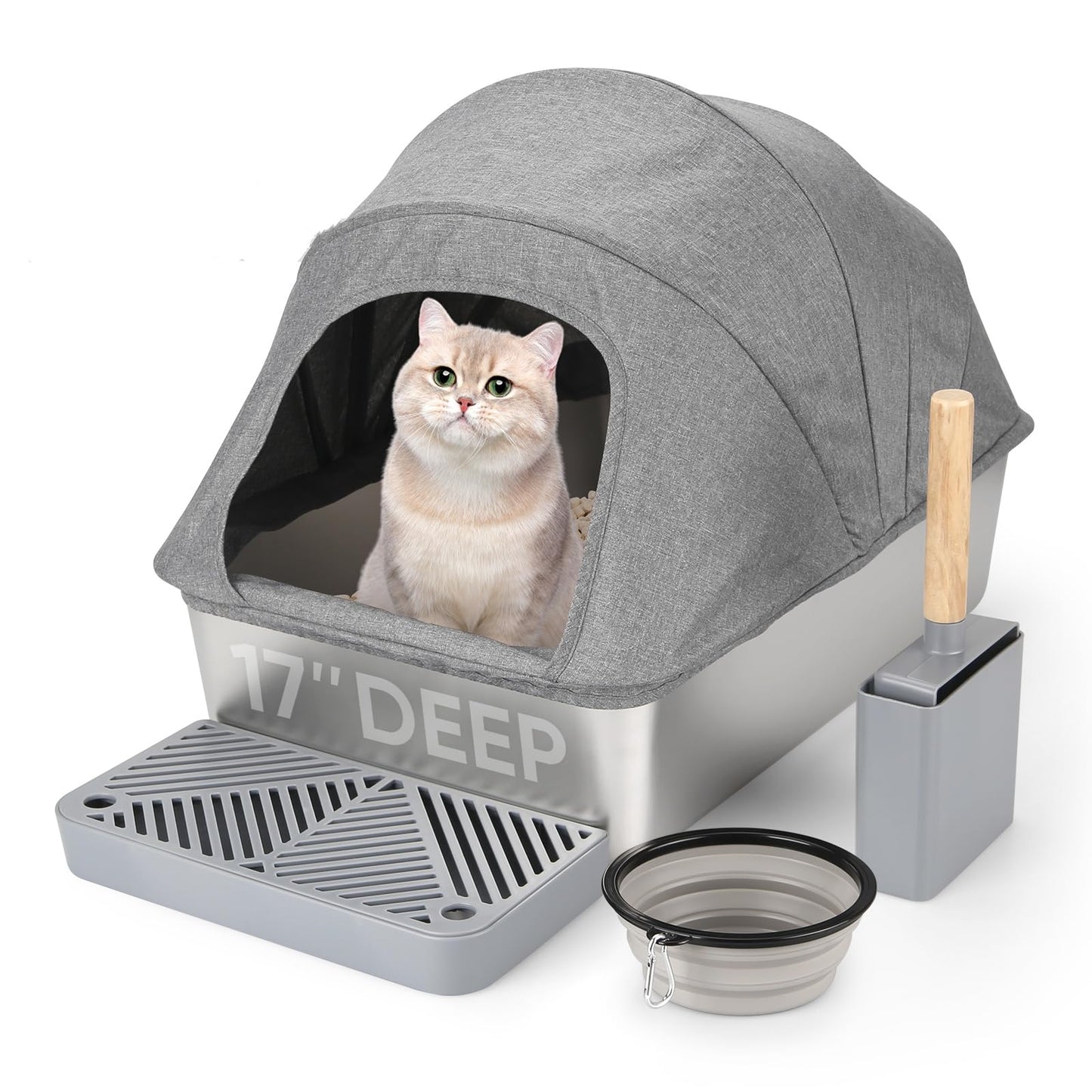 Enclosed Stainless Steel Cat Litter Box with Oxford Lid, 24" Lx16 Wx17 H Extra Large Litter Box for Big Cats, Anti-Leakage, Odor Control Litter Pan Tray with Litter Scooper,Non Stick Smooth Surface