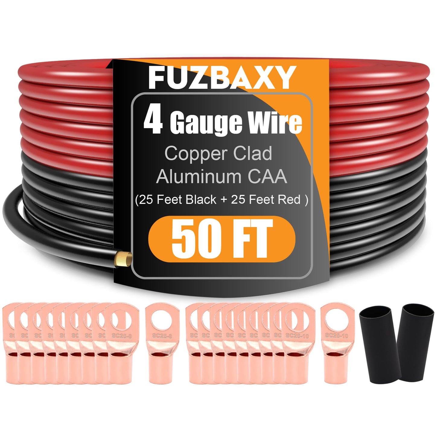 Fuzbaxy 4 Gauge Wire (25 Feet Black+25 Feet Red) Copper Clad Aluminum CCA - Primary Automotive Wire Power/Ground,20PCS Lugs Terminal Connectors,20PCS Heat Shrink Tubing