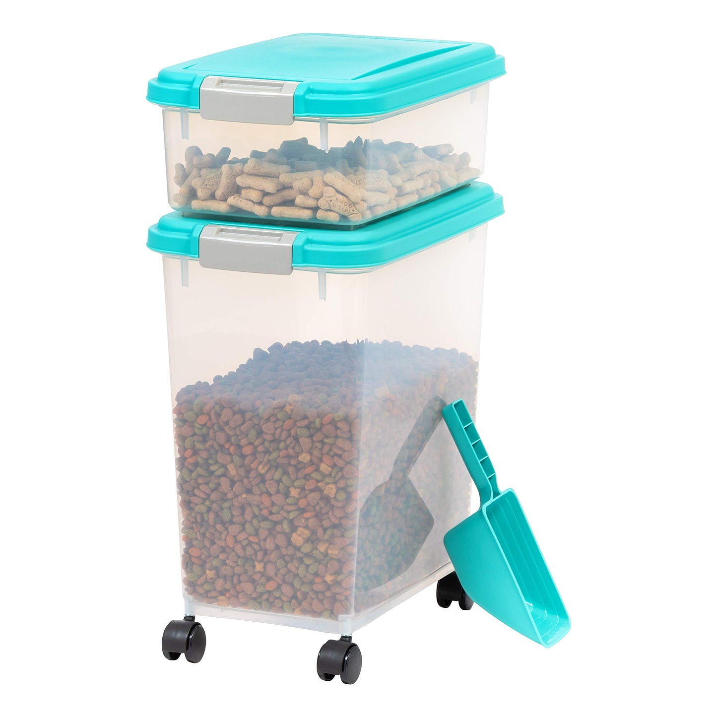 IRIS USA Airtight Dog Food Storage Container Combo, 30 lb + 11 lb Stackable Pet Food Bins with Wheels, Cat Food & Dog Treat Storage, BPA Free, Includes 2-Cup/450 g Scoop, Seafoam Blue